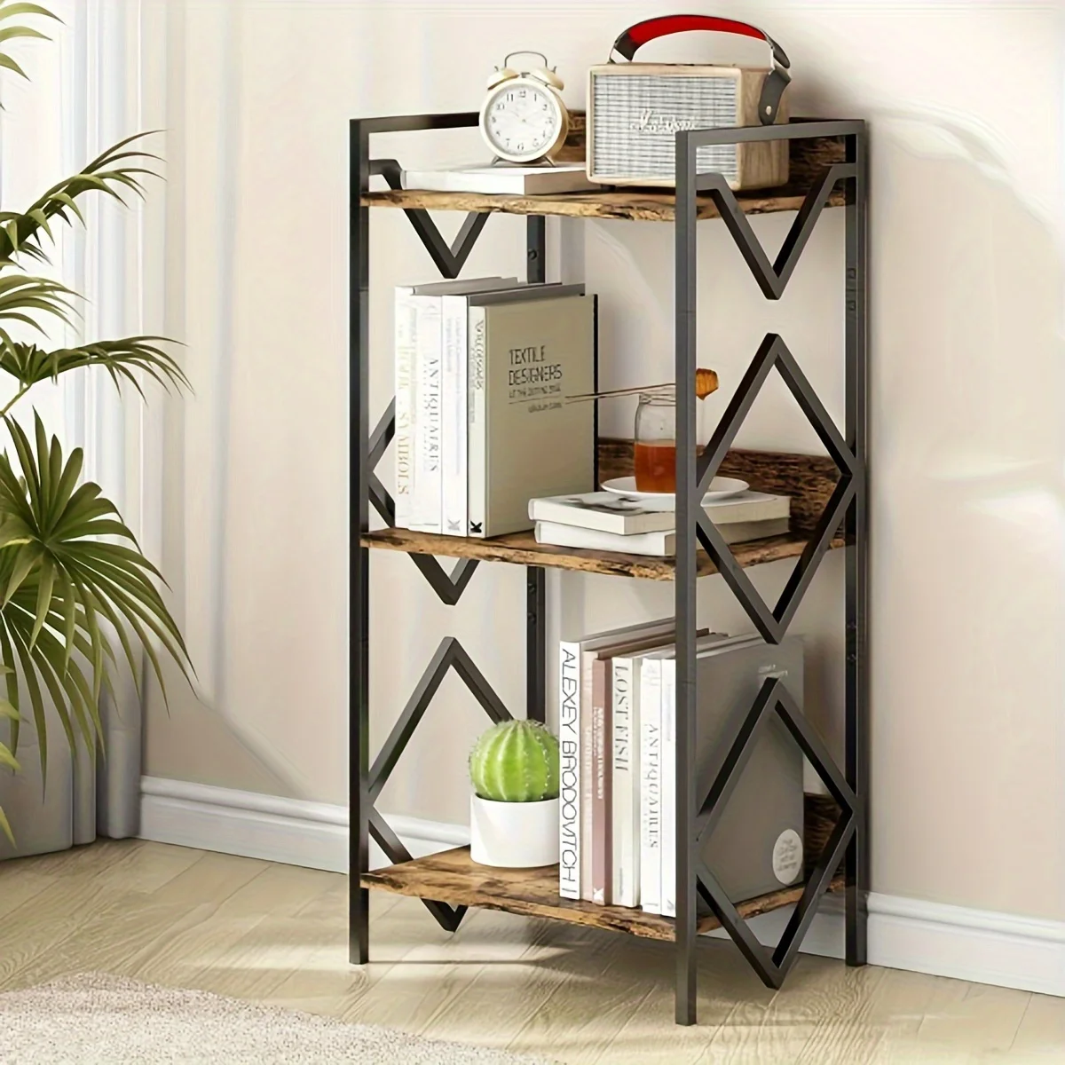 LiebeRen 1pc Modern Minimalist 3 Tier Metal Bookshelf For Office, Living Room, Bedroom, Black