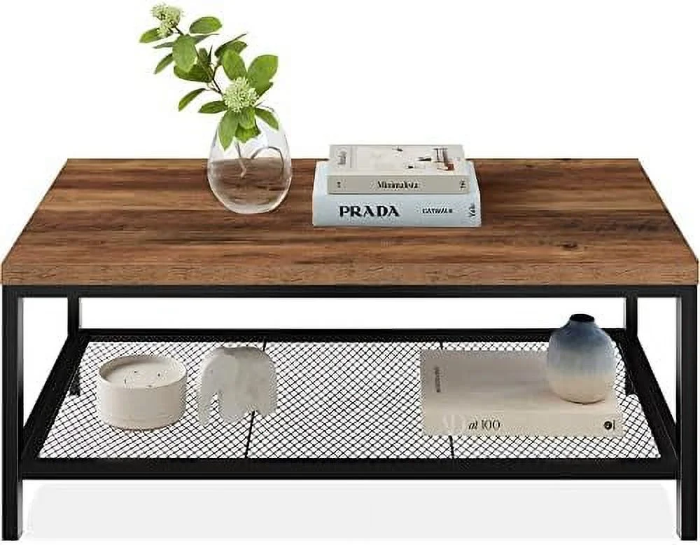 TQNJYGX 44in Modern Coffee Table  Large 2-Tier Industrial Rectangular Wood Grain Top Coffee Table  Accent  for Living Room w/Mesh   Metal Frame - Gray