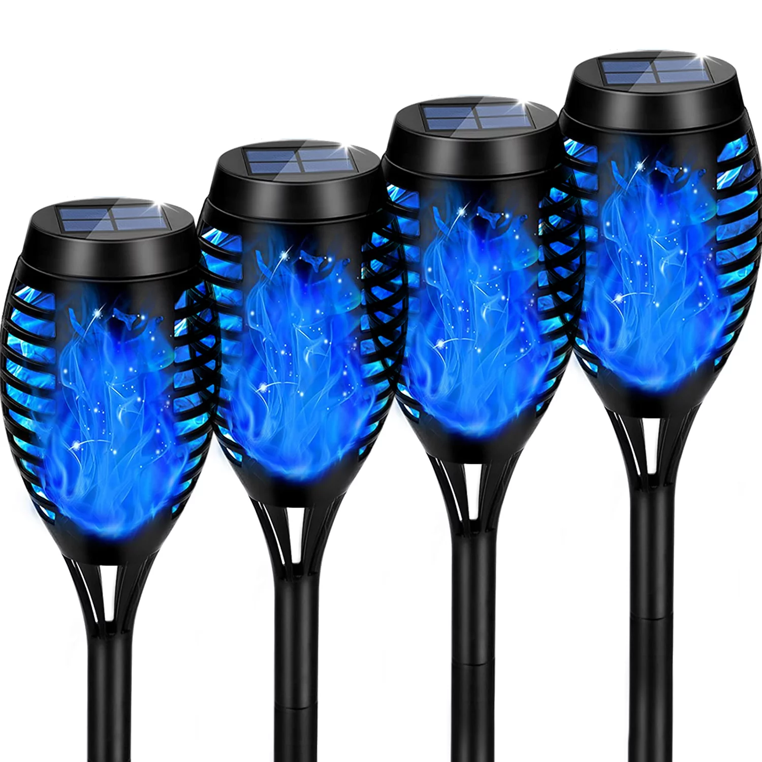 4PCS Flame Solar Lights Blue Flickering Solar Lights 12 LED Solar Tiki Torches for Outside Waterproof Landscape Outdoor Lights Garden Yard Patio Lawn Xmas Decorations