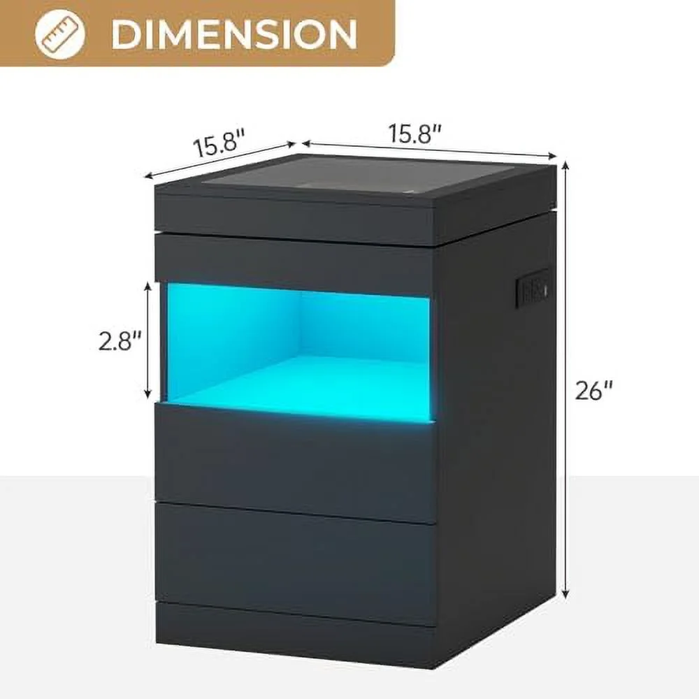 TQJKLFDY LED Nightstand with Charging Station & Sliding Top  Black Night Stand with Glass Top & Jewelry Tray  Bedside Table with Drawers & Pull-Out Tray  Modern  End Table wit