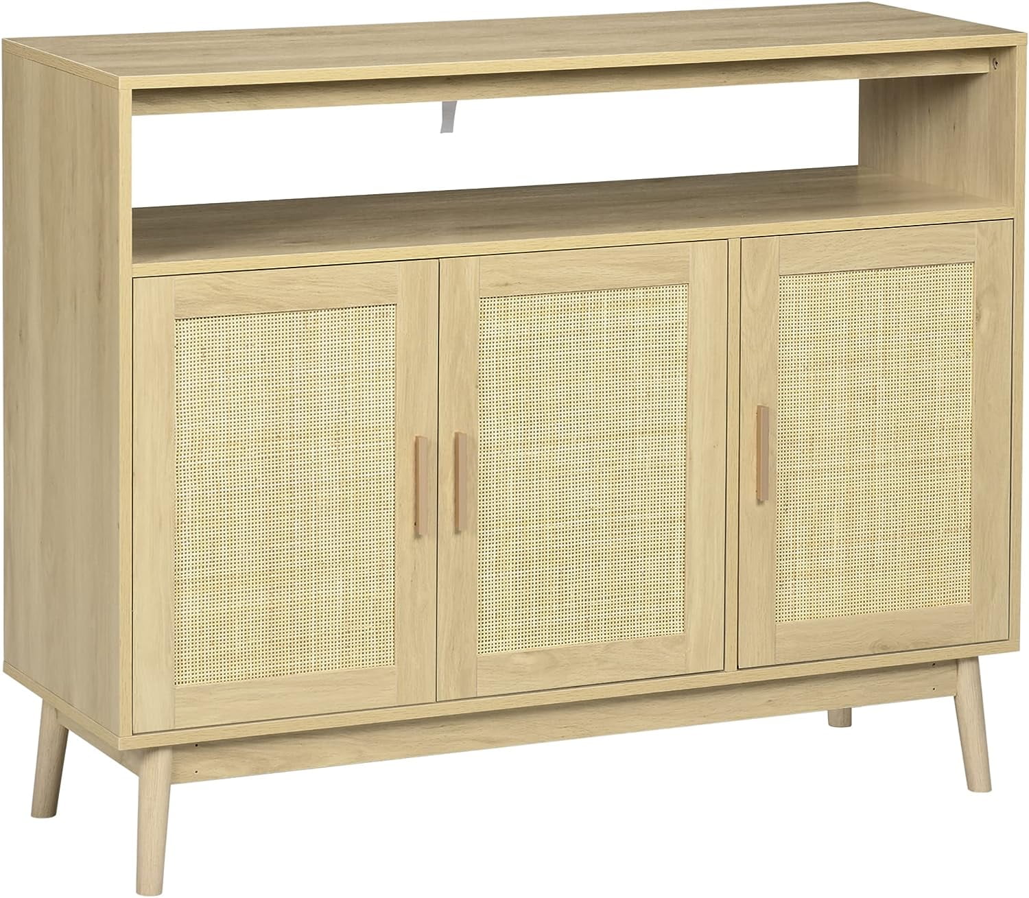 Kitchen Sideboard with 2 Cabinets, Boho Buffet Cabinet with 3 Rattan Decorated Doors and Adjustable Shelf, Coffee Bar Cabinet for Living Room, Hallway, Natural