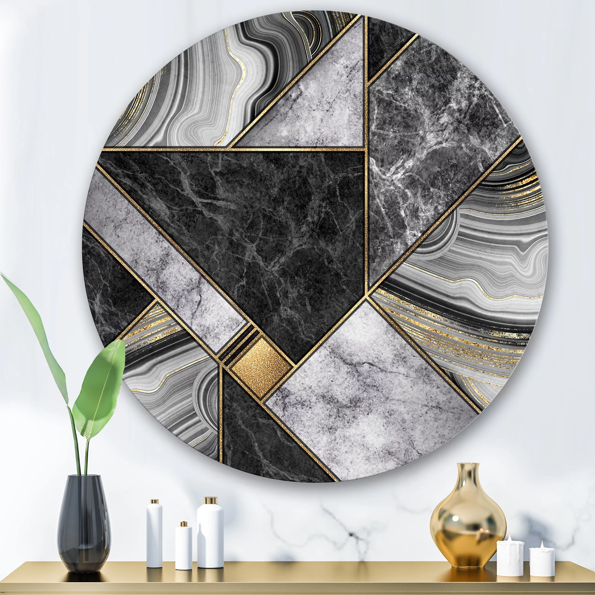 Designart 'Touches Of Gold With Marble Granite Agate' Modern Circle Metal Wall Art 36x36 - Disc of 36
