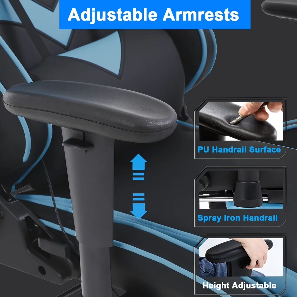 Gaming Chair Massaging Office Chair Racing Computer Chair Ergonomic Desk Chair with Lumbar Support Footrest Armrest Headrest Task Chair High Back PU，Blue