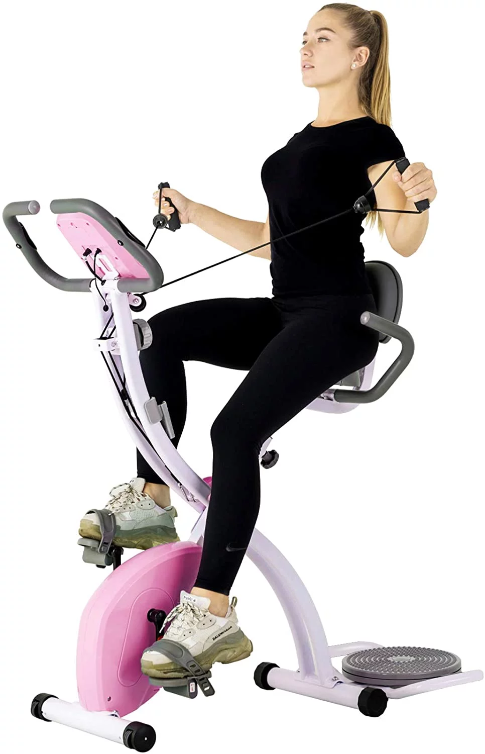 Murtisol Stationary Bike - Folding Indoor Exercise Bike with Twister Plate, Arm Resistance Bands, Extra Large&Adjustable Seat and Heart Monitor - Perfect Home Exercise Machine for Cardio, Pink