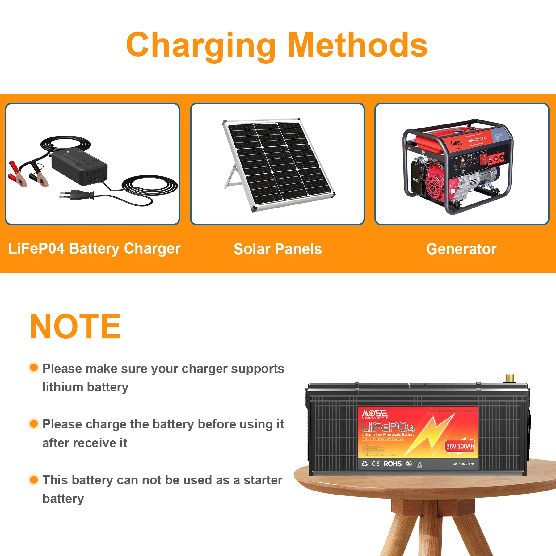 36V 100Ah LiFePO4 Battery,200A BMS,15000 Cycles,Low Temp Cut off,MOSEWORTH for Golf Cart,RV,Solar,Trolling Motor,off-Grid