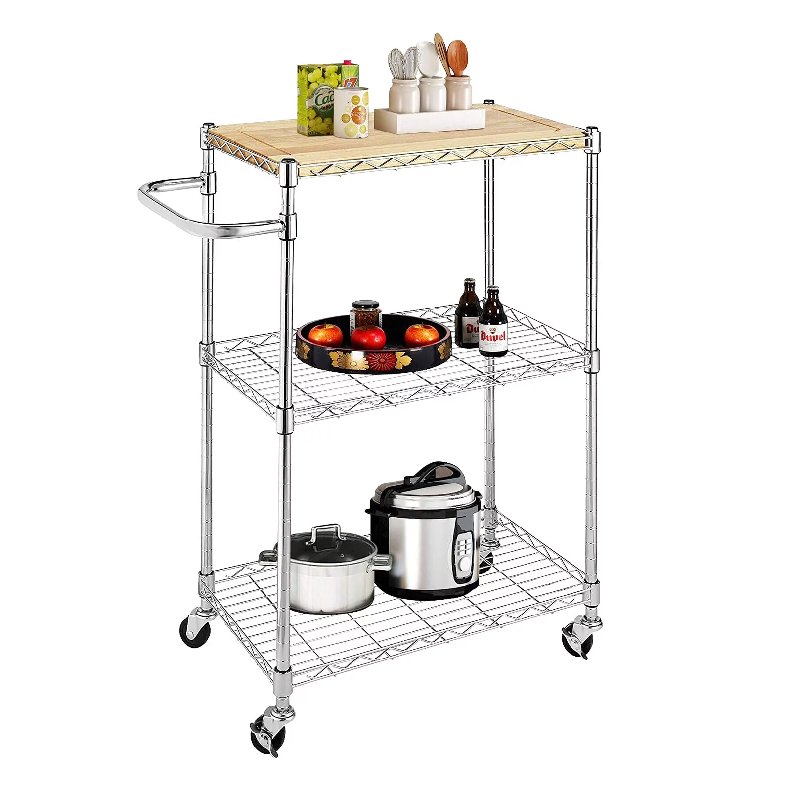Kitchen Microwave Cart on Wheels, Wire Rolling Cart with Handle Bar, 3 Tier Bakers Rack with Wood Table, Height Adjustable Shelves, 24L x 14W x 33.5H Inches, Chrome/Wood