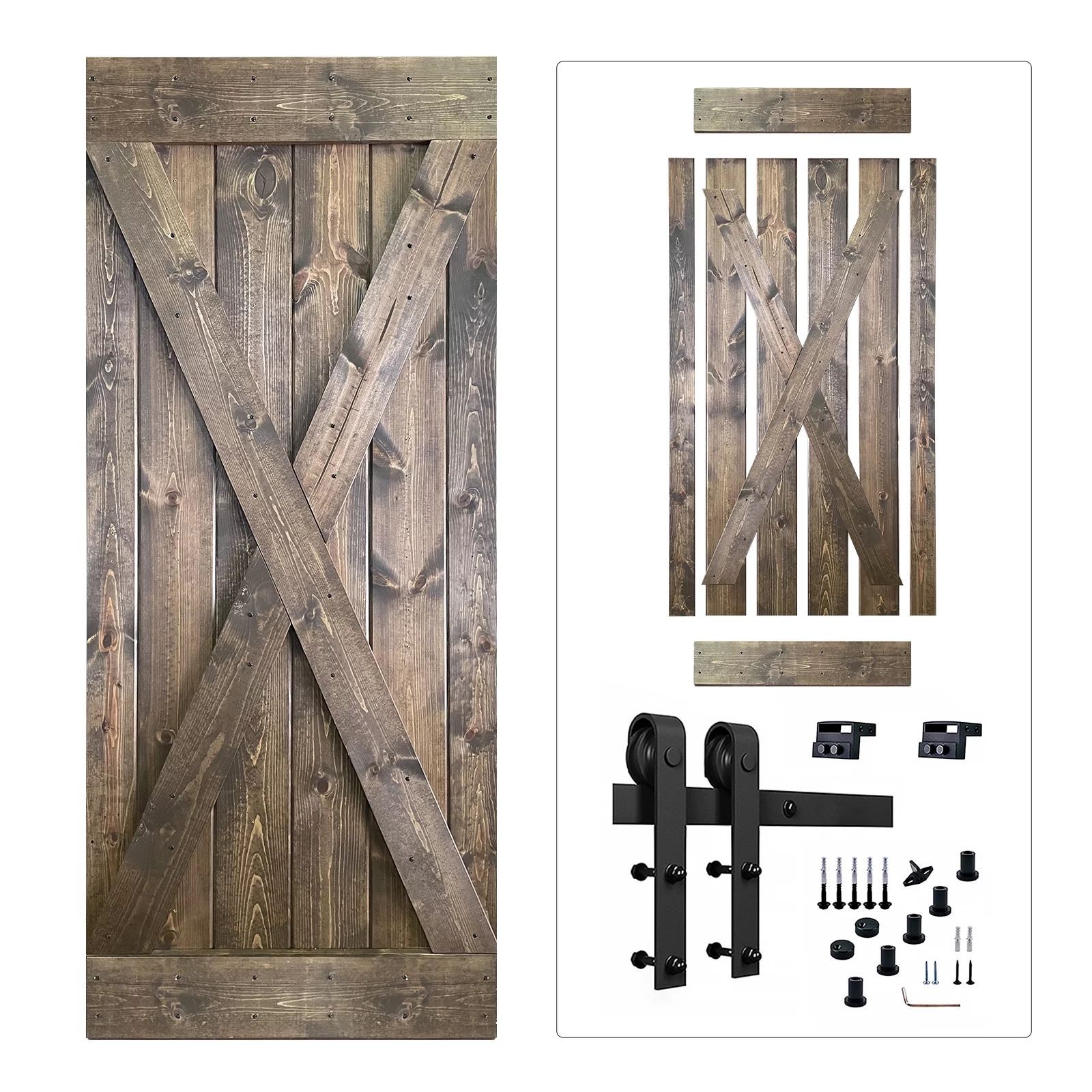 Akicon Paneled Wood Dark Brown Barn Door X Style 36