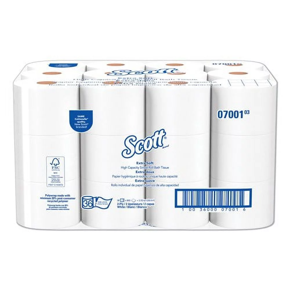 Scott 07001 Essential Extra Soft Coreless Standard Roll Bath Tissue, 2 Ply, 800 Sheets/Roll - 36 Rolls/Carton