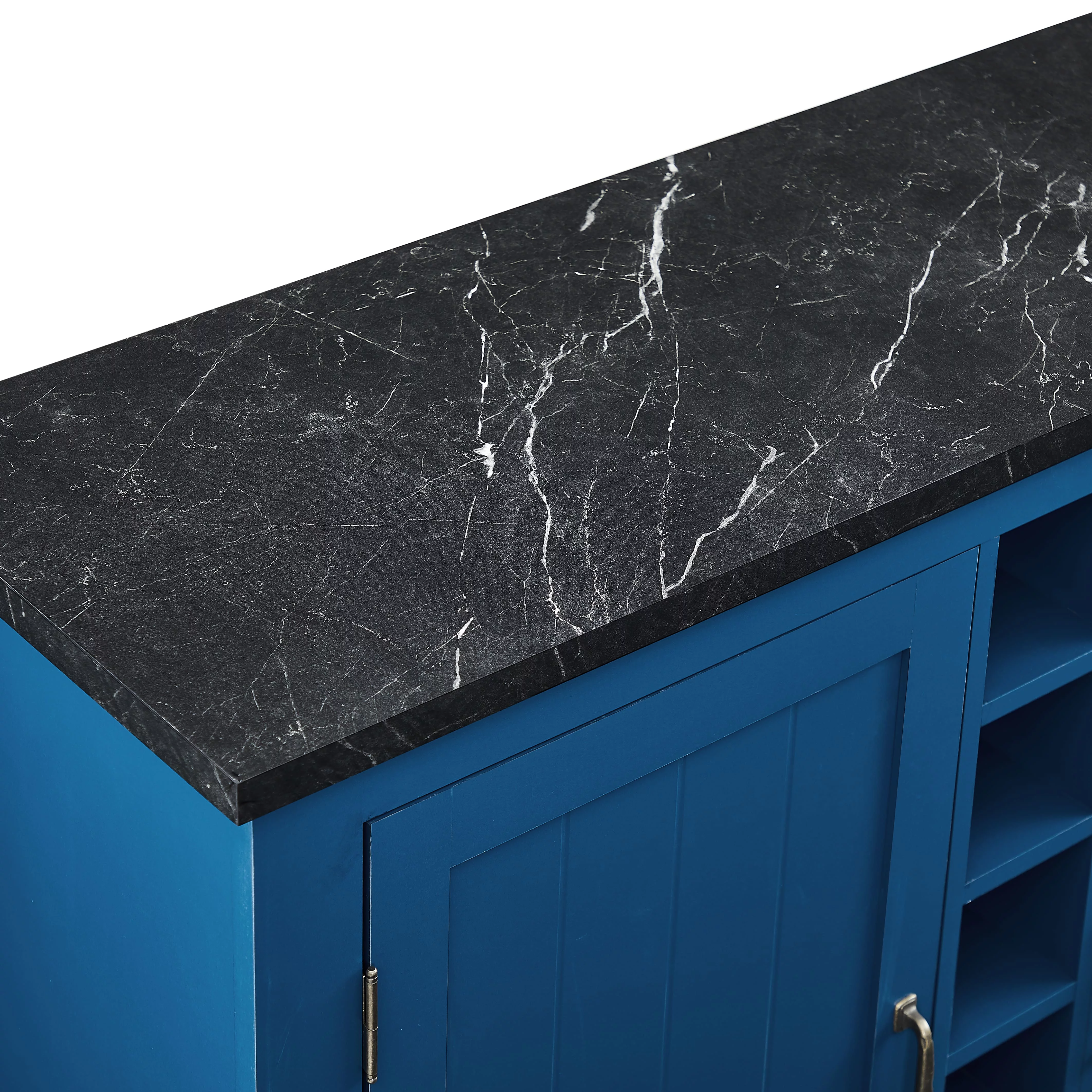 FESTIVO 47 in. Navy Blue Wood Buffet Bar Cabinet with Wine Rack with Marbling Pattern Countertop