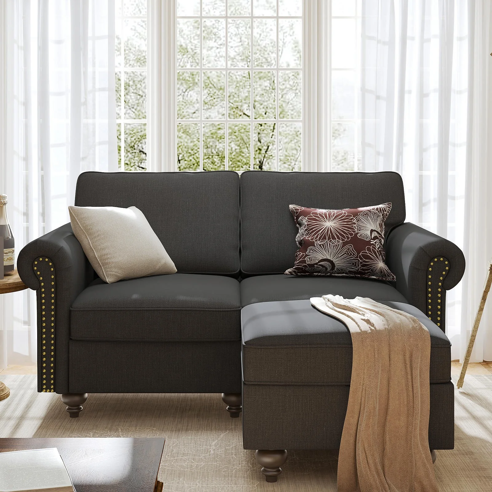 Nolany Reversible Sectional Couch with Ottoman Corner L-Shaped Sofa with Rolled Arms Sectional Sofa with Chaise for Small Space, Dark Grey