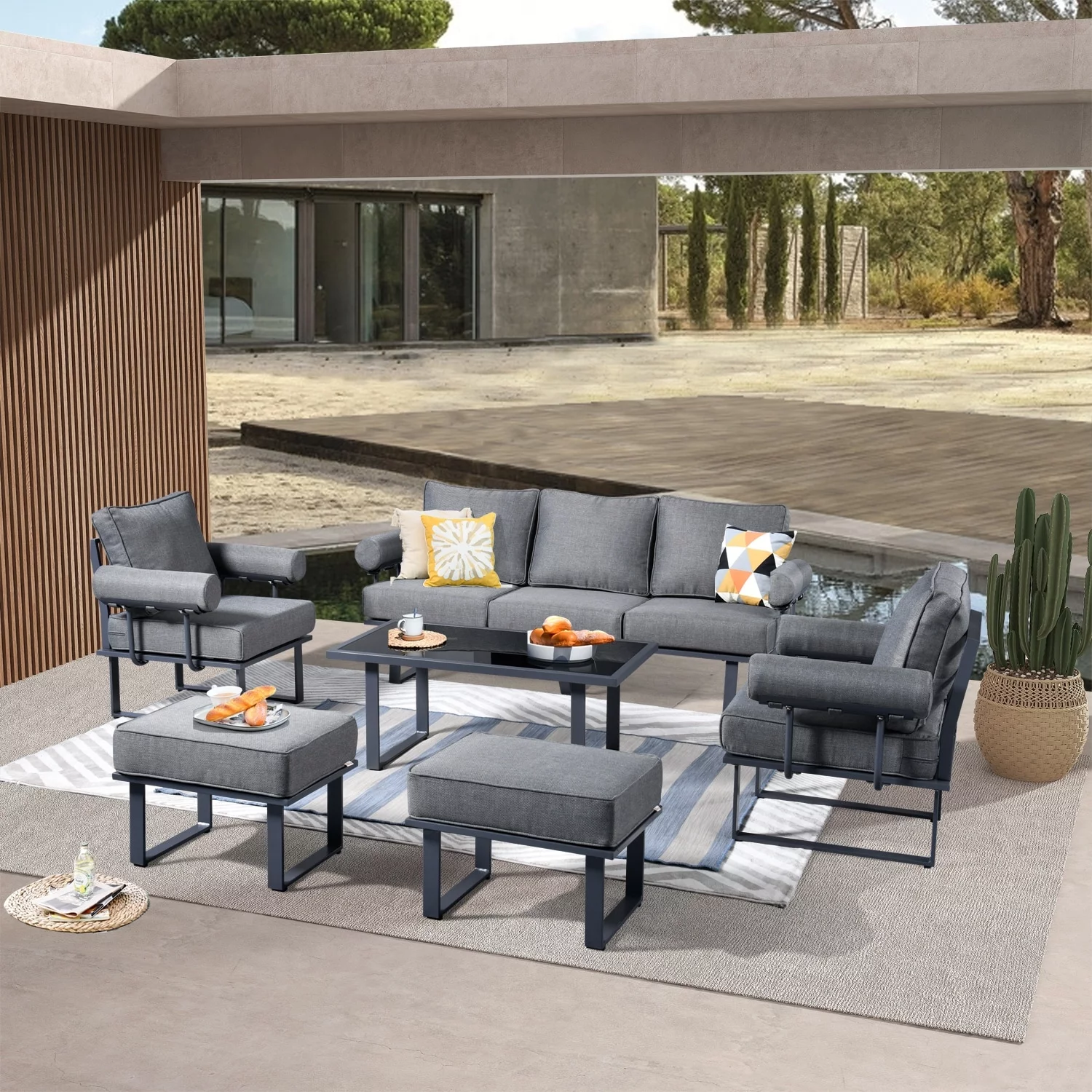 OVIOS  6-piece Outdoor Aluminum Frame Ottoman Removable Cushion Sectional Set Grey
