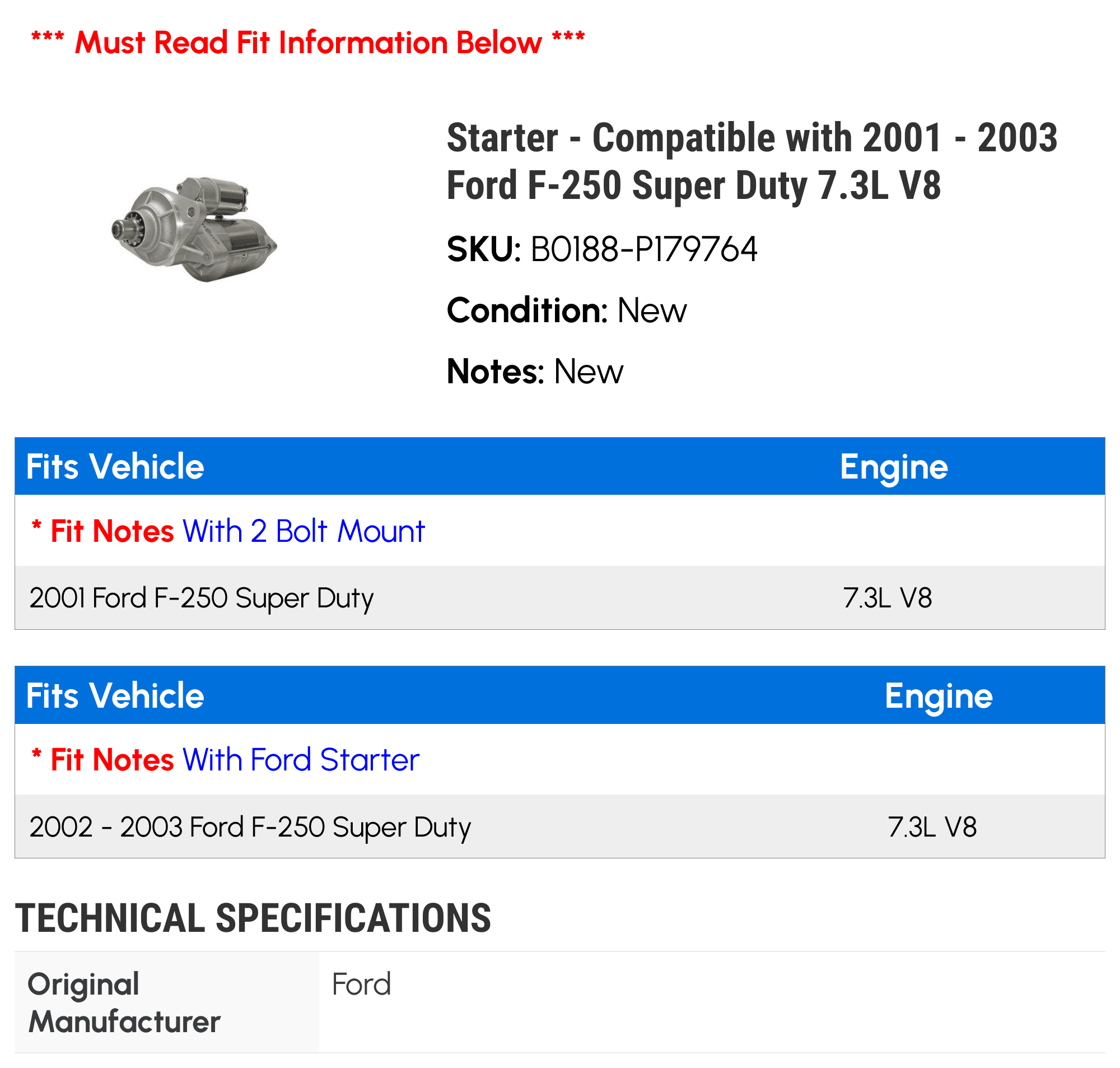 Starter - Compatible with 2001 - 2003 Ford F-250 Super Duty 7.3L V8 2002