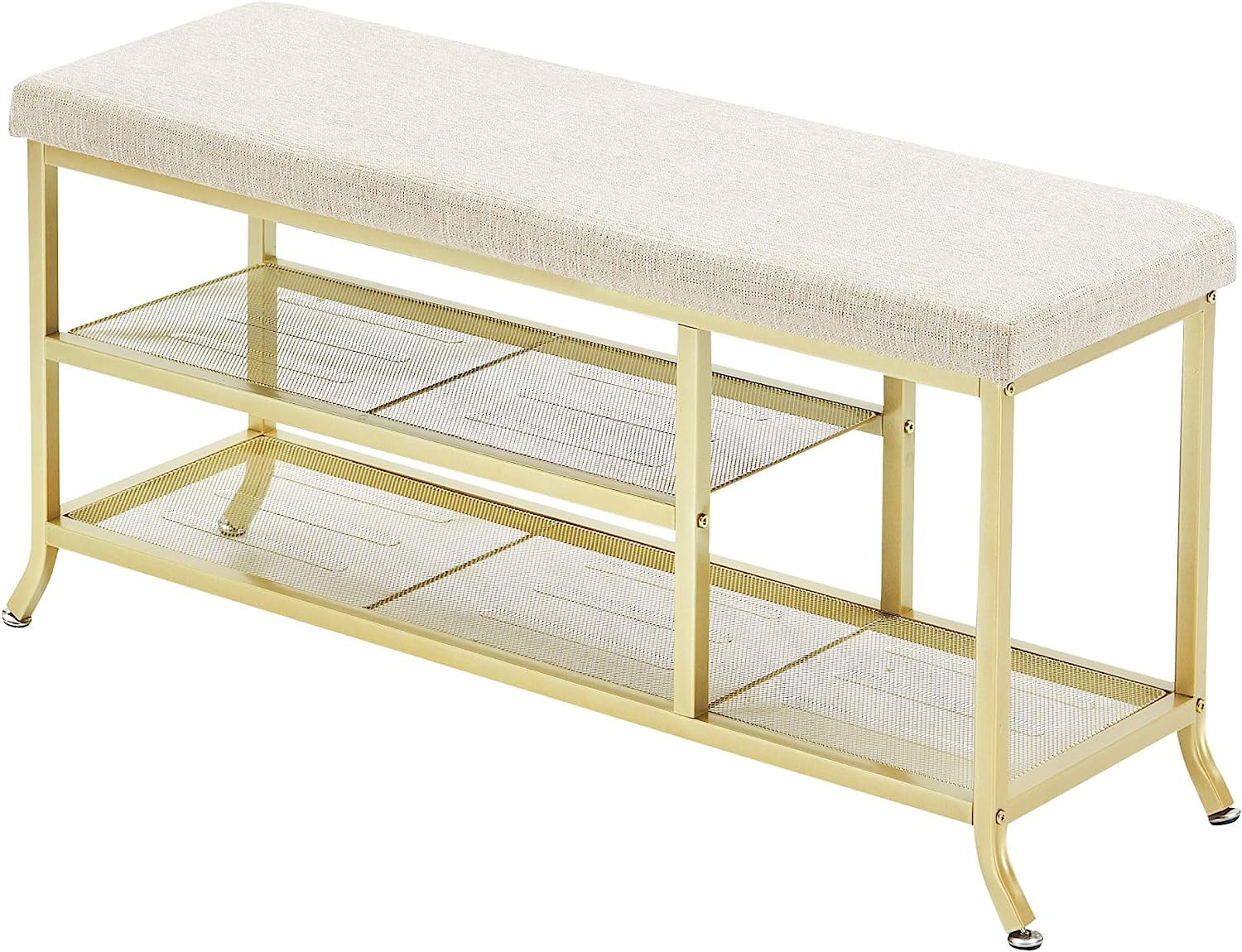 Shoe Storage Bench with Padded Seat, Shoe Rack Bench for Entryway, Shoe Storage Shelf with Metal Frame, 2-Tier Shoe Organizer Shelf for Hallway Bedroom Living Room Dorm Department, Gold