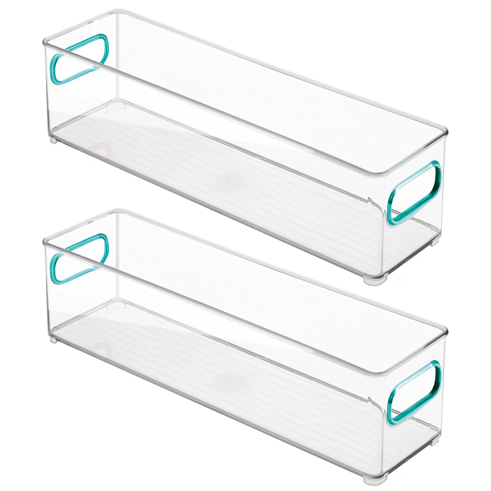 mDesign Plastic Stackable Food Storage Container Bin with Handles for Kitchen, Pantry, Cabinet, Fridge, Freezer - Long Narrow Organizer for Snacks, Produce, Vegetables, Pasta - 2 Pack - Clear/Blue