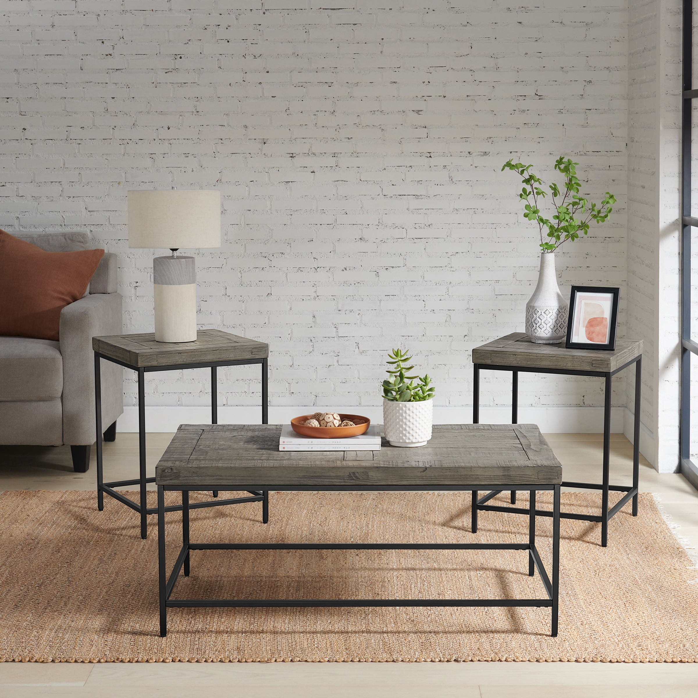 Lavish Home 3-Piece Coffee Table Set with 2 Matching Side Tables (Gray)