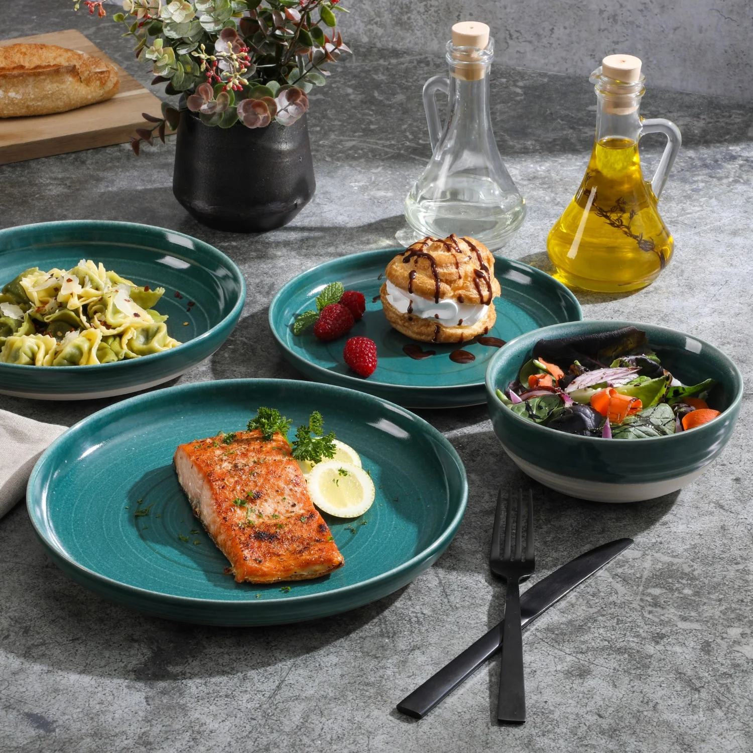 Gibson Elite Clarina 16 Piece Double Bowl Stoneware Reactive Glaze Round Plates and Bowls Dinnerware Set - Teal