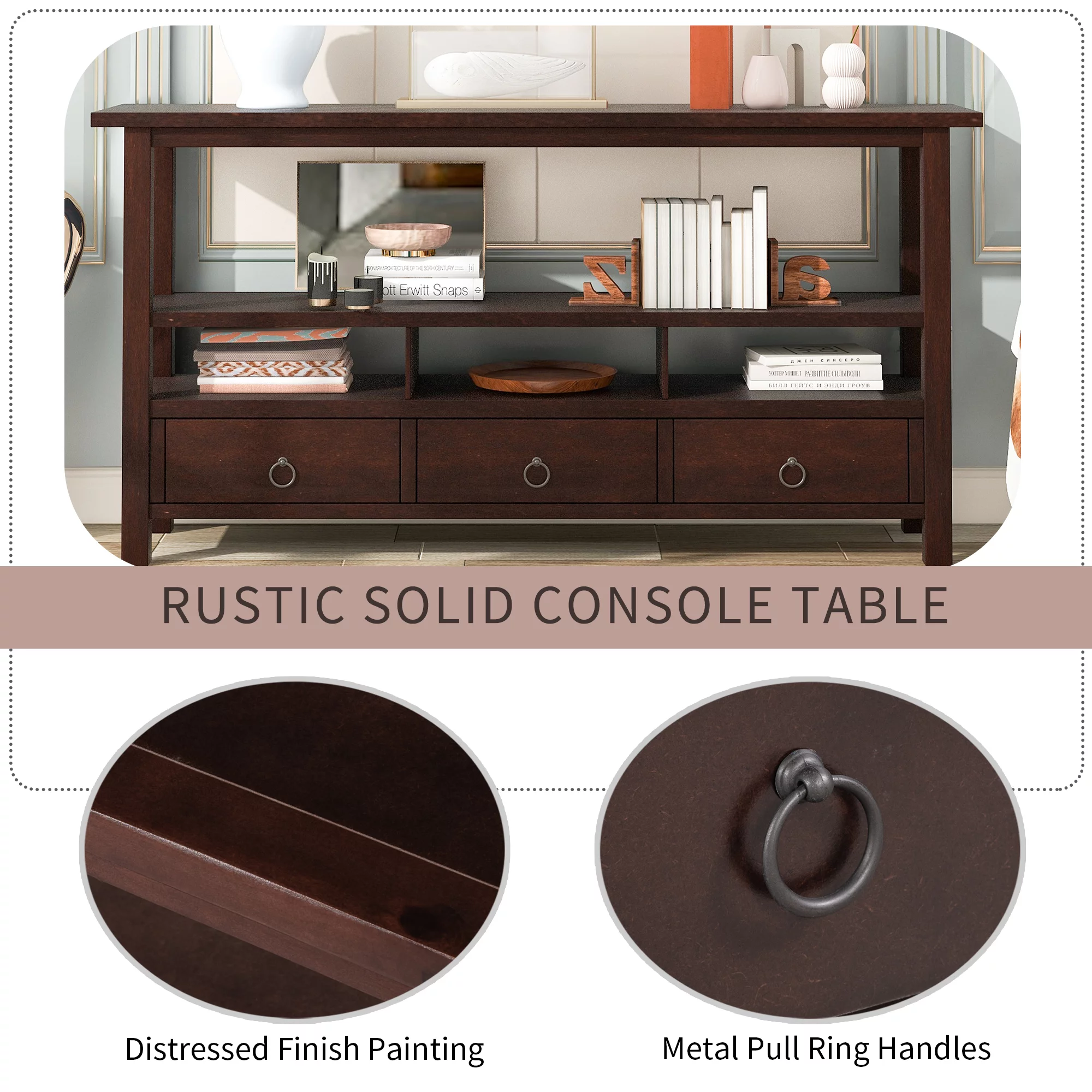 Console Table with Drawers and Double-Storey, Modern Sofa Table with 3 Drawers and Open Storage Shelves, Narrow Long Sofa Entryway Table for Living Room