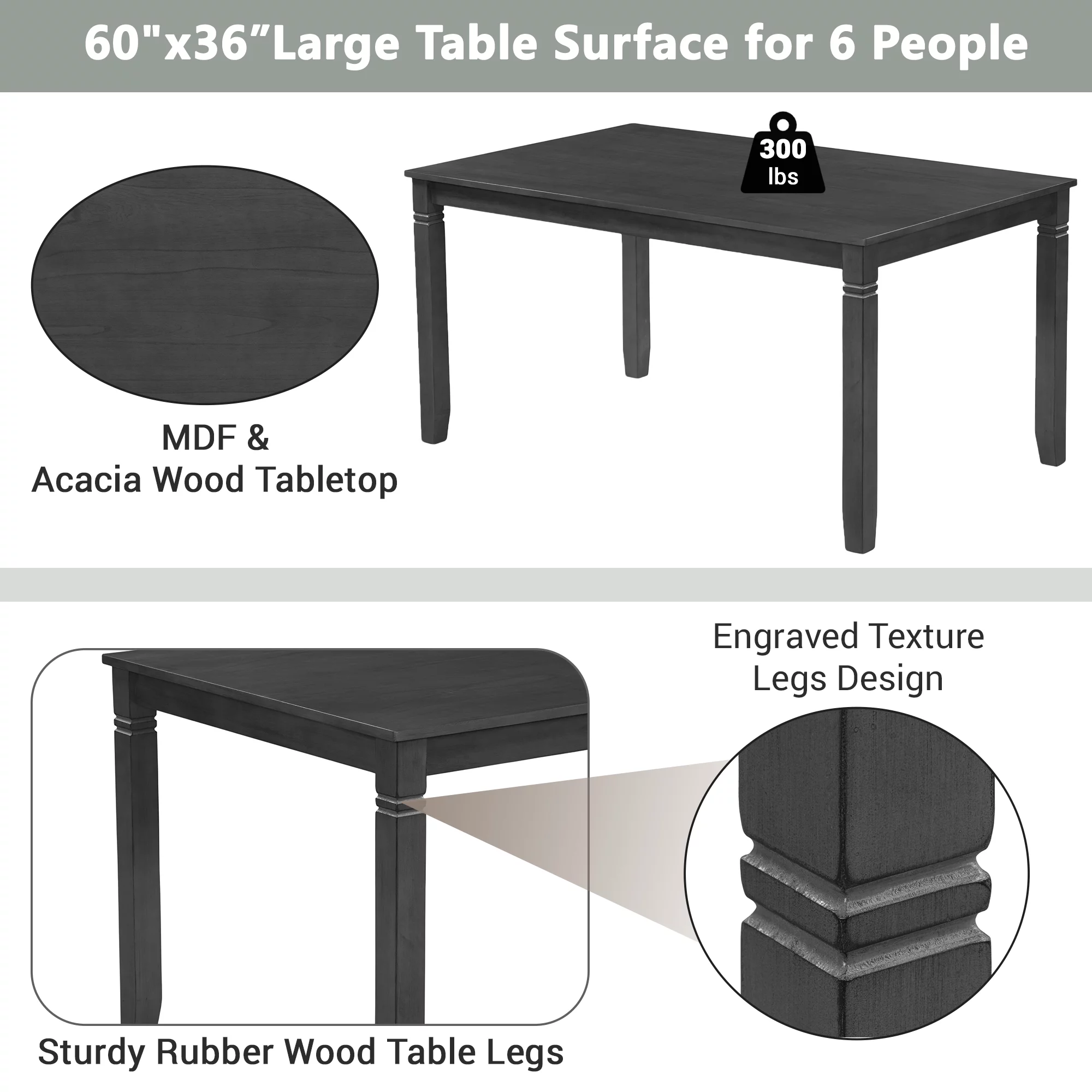 CoSoTower 7-Piece Farmhouse Rustic Wooden Dining Table Set Kitchen Furniture Set with 6 Padded Dining Chairs, Gray