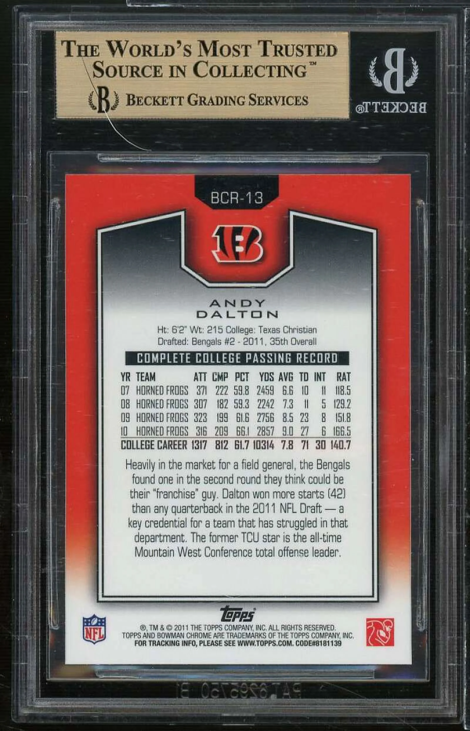 Andy Dalton Rookie Card 2011 Bowman Chrome Rookie Preview #13 (PRISTINE) BGS 10