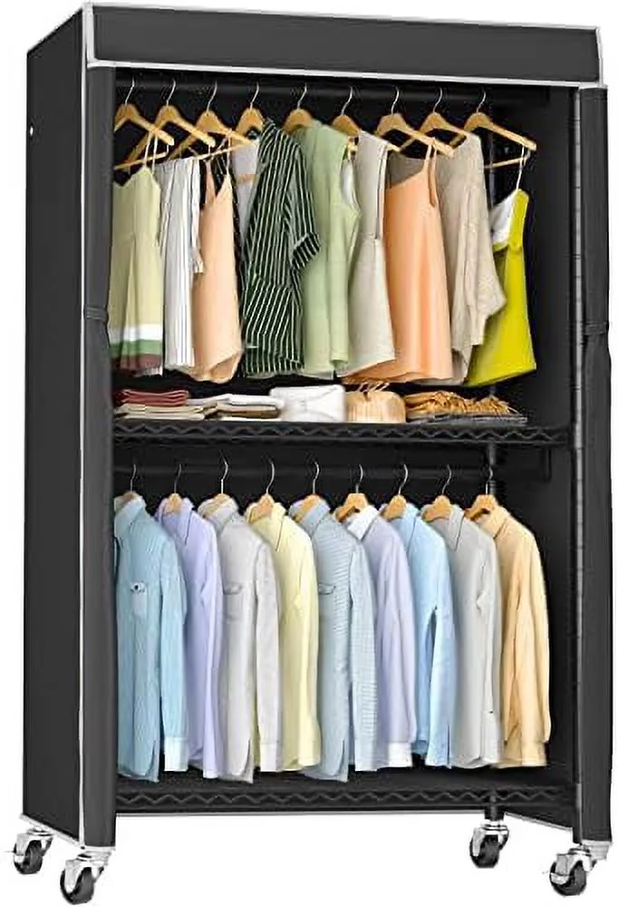 FDSHOIYN V12C Heavy Duty Rolling Garment Rack with Cover Clothing Rack for Hanging Clothes Portable Closets with Adjustable 3 Wire Shelving  Double Rods  Wardrobe on Wheels  White Rack wi