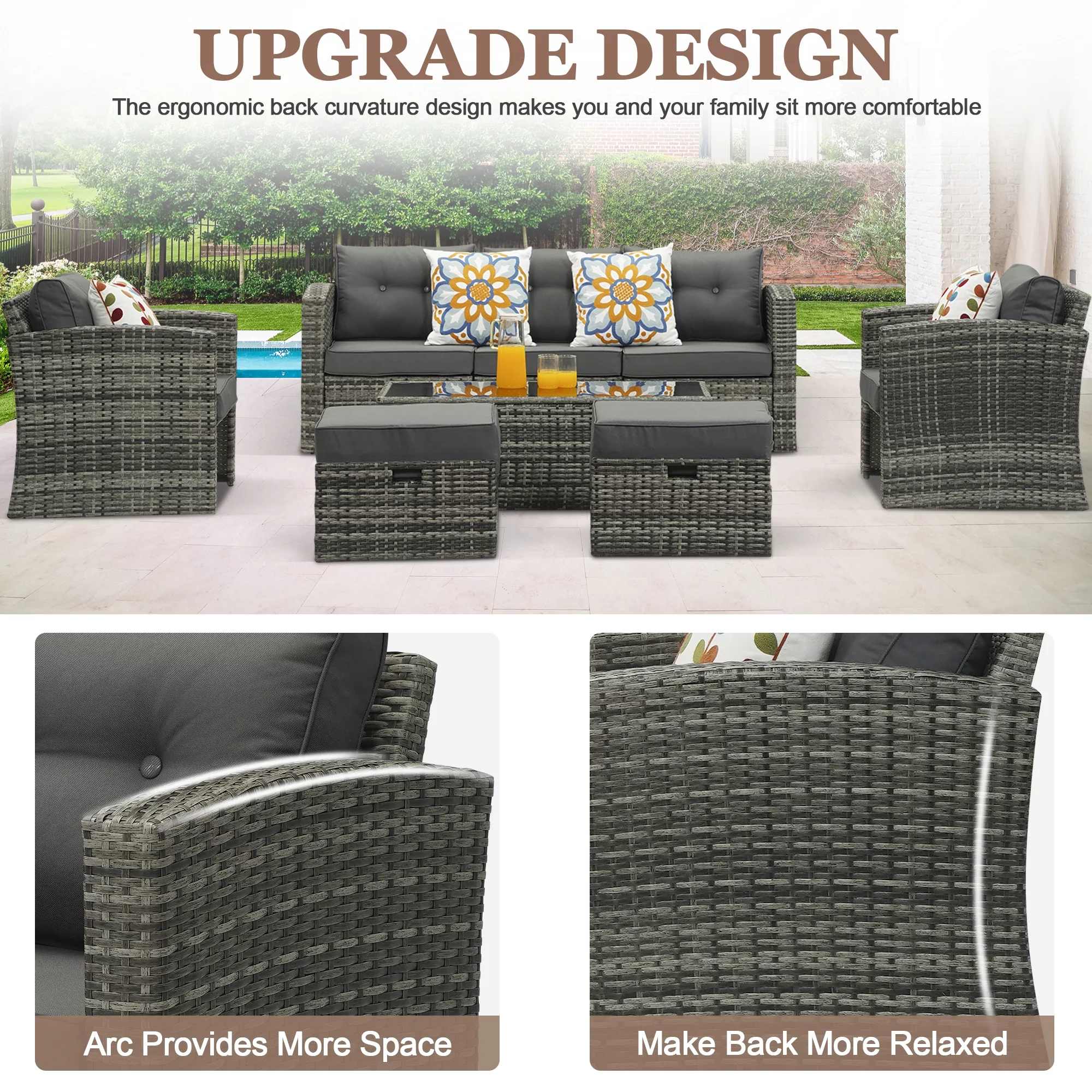 Cozyhom 8 Pieces Gray Wicker Rattan Patio Aluminum Sofa Furniture Set with Dark Gray Cushions