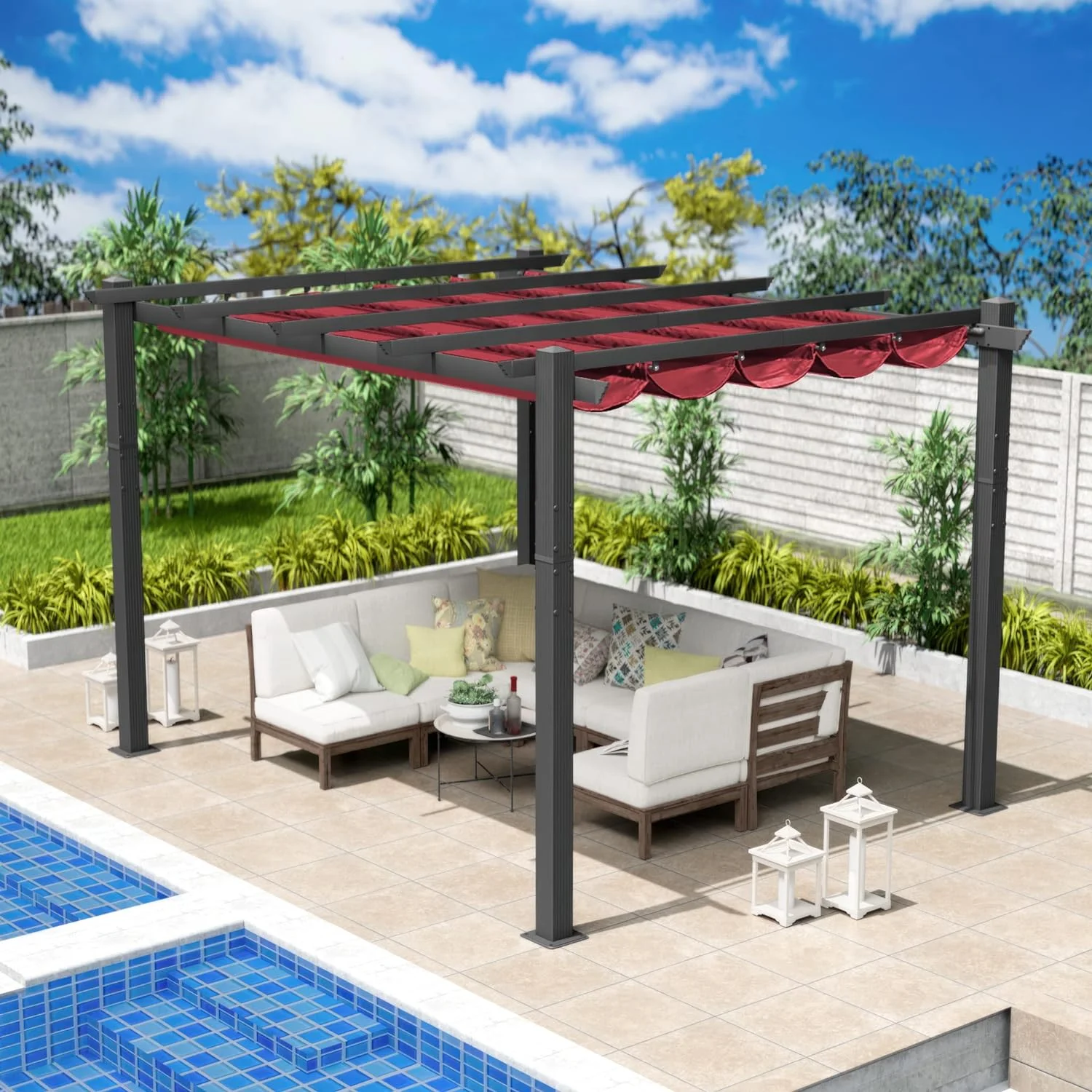 Kozyard Morgan Outdoor Extra-Large Gray Aluminum Frame Pergola with Sunshade Canopy (10' x 12', Burgundy)