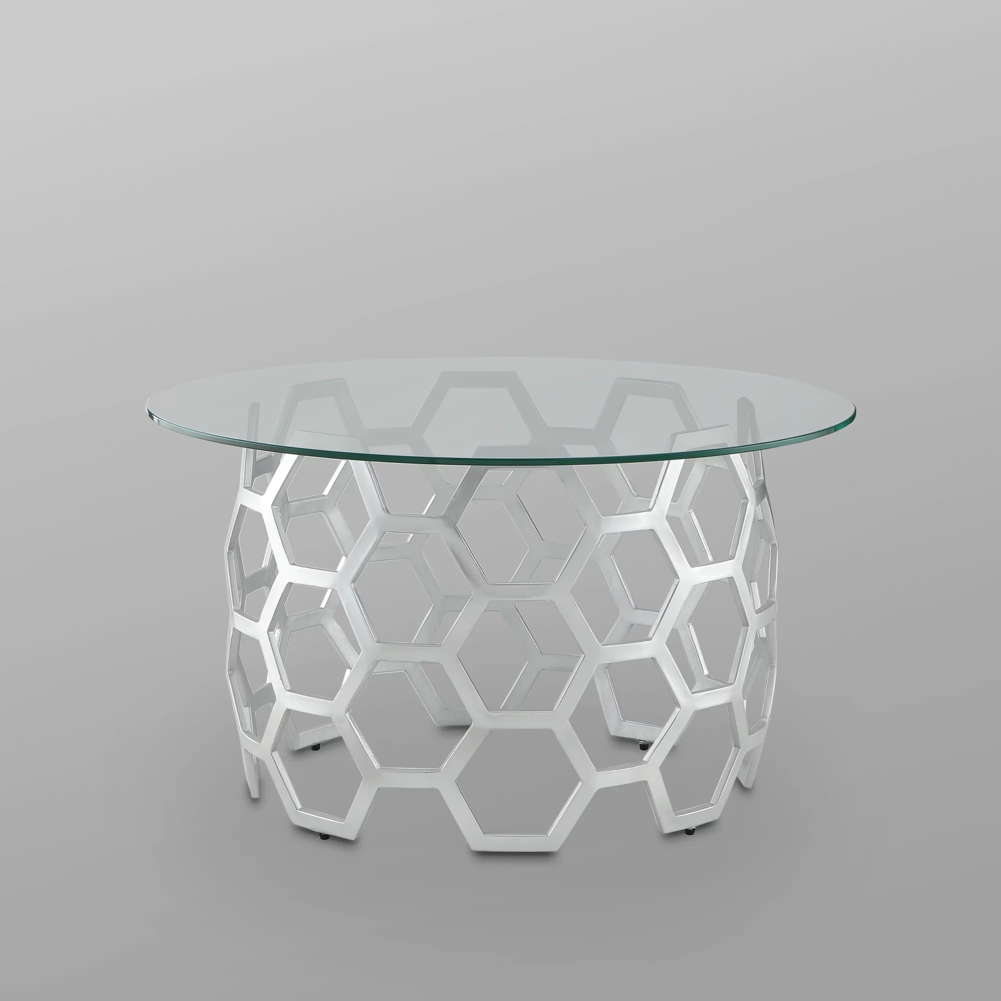 Inspired Home Janina Round Coffee Table Clear Glass Top Geometric Hexagon Metal Frame Modern, Silver