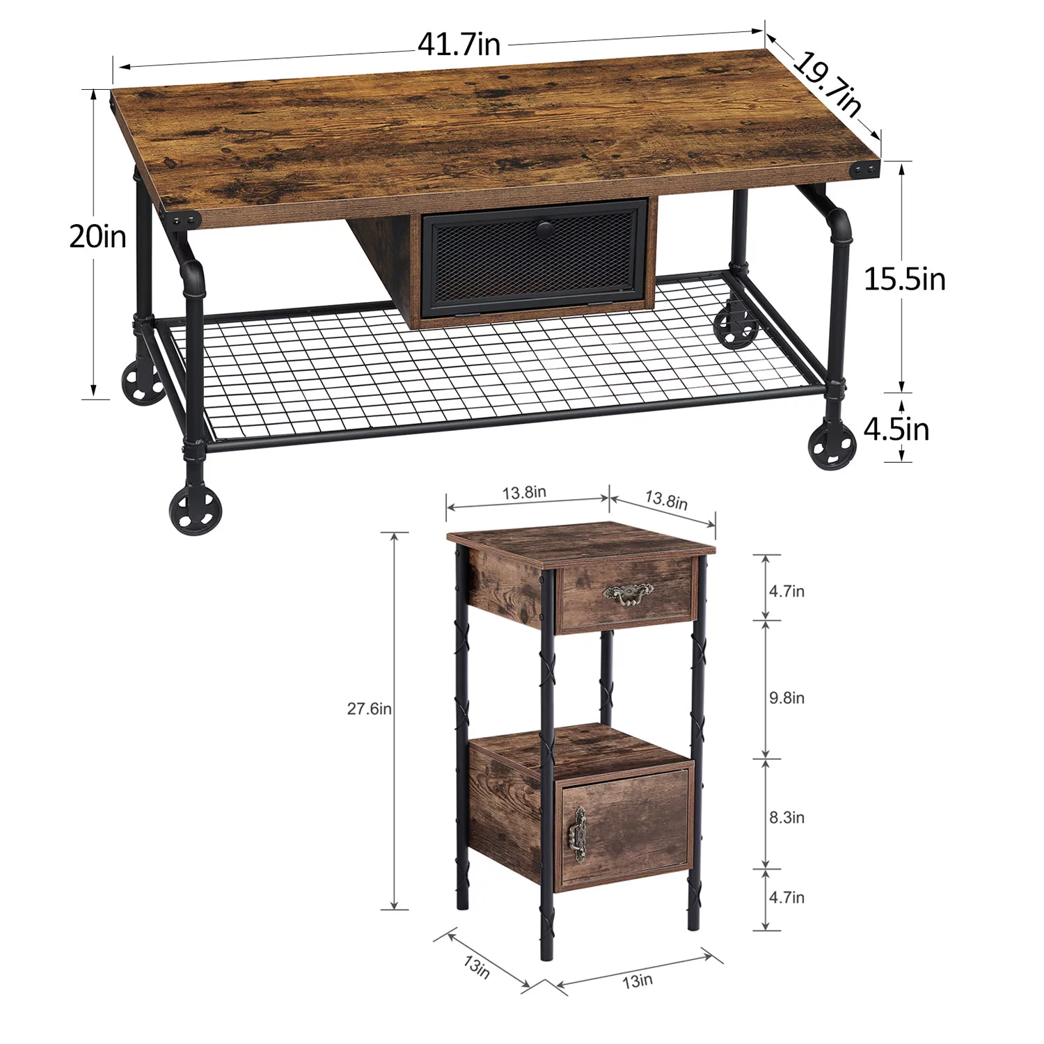 VECELO 3 Piece Coffee Tables Set Includes 1 Coffee Table and 2 End Table, Industrial Coffee Table with Roller and Sofa Table Living Room Set, Brown