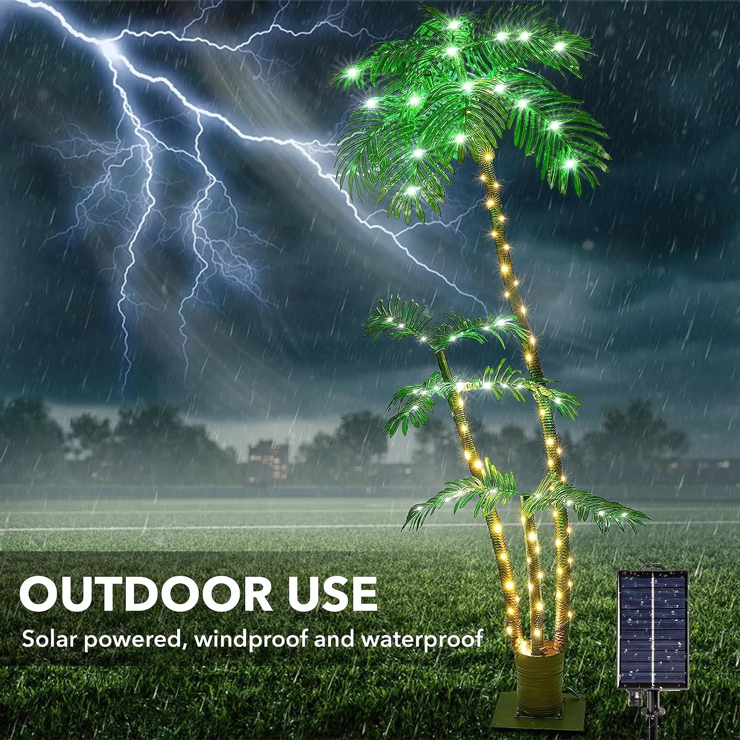 Lighted Palm Tree, 6FT Palm Trees for Outside Patio, Christmas Palm Tree Decor, Waterproof＆Windproof Solar Light Up Tree, Artificial Lighted Palm Tree Party Decorations for Outside Indoor Patio Decor