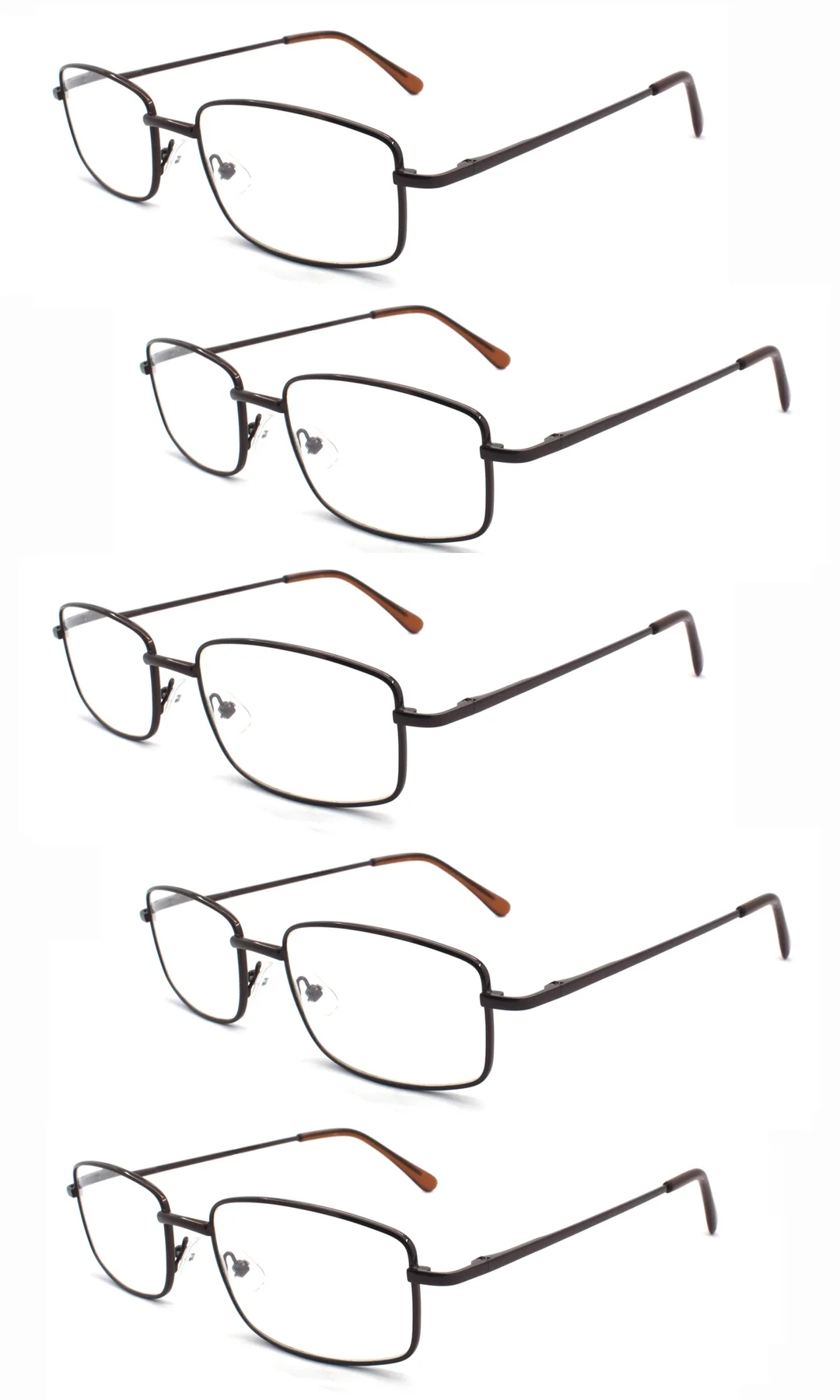 EYE ZOOM 5 Pack Unisex Rectangular Metal Reading Glasses with Spring Hinge, Brown, +250