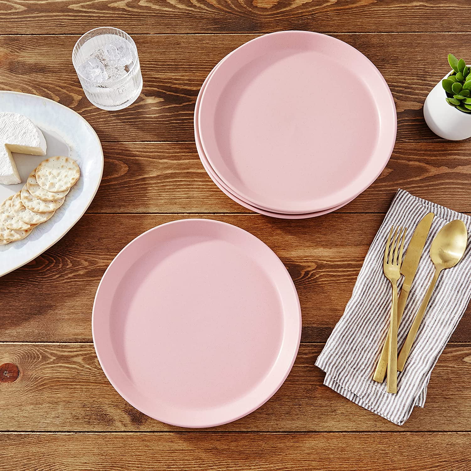 Stone Lain Serenity Rustic Stoneware Dinner Plate Replacements, 4 Count, Soft Pink