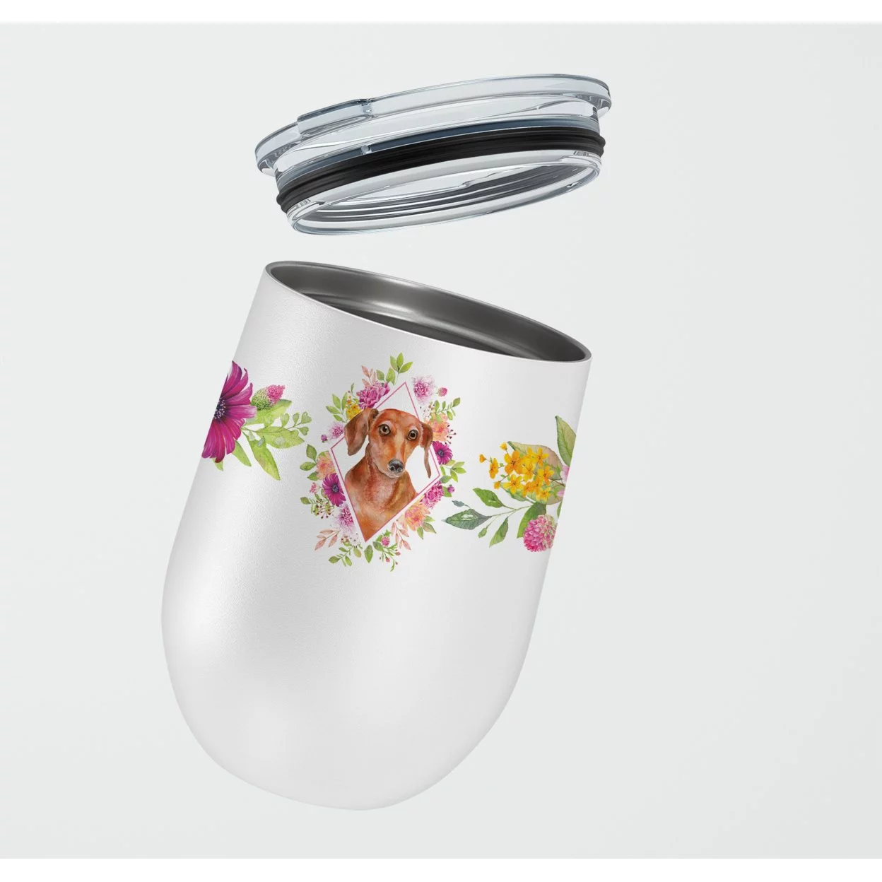 Carolines Treasures CK4135TBL12 Dachshund Red Design2 Pink Flowers Stainless Steel 12 oz Stemless Wine Glass 12 oz