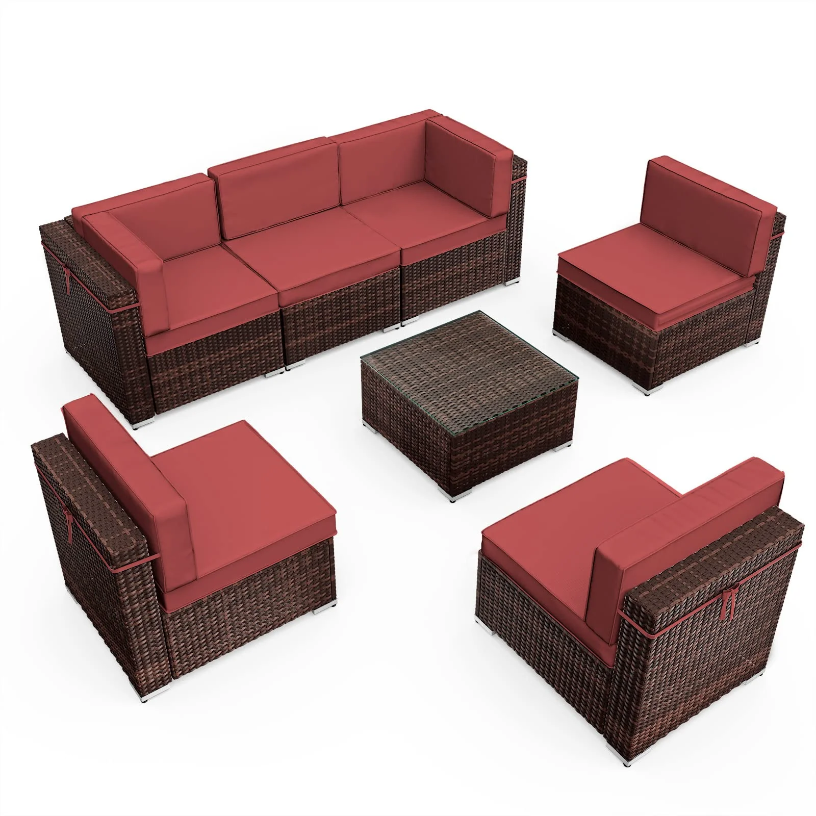 Amopatio 7 Pieces Patio Conversation Set, Outdoor Sectional PE Rattan Wicker Furniture Seat,Red