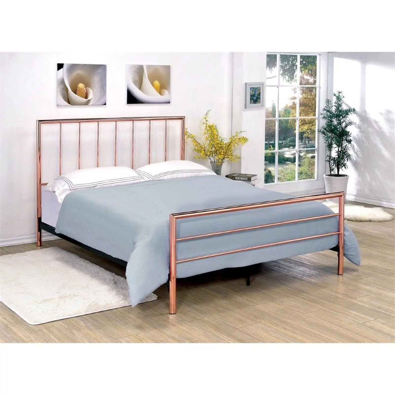Furniture of America Constanza Metal Queen Slat Panel Bed in Rose Gold