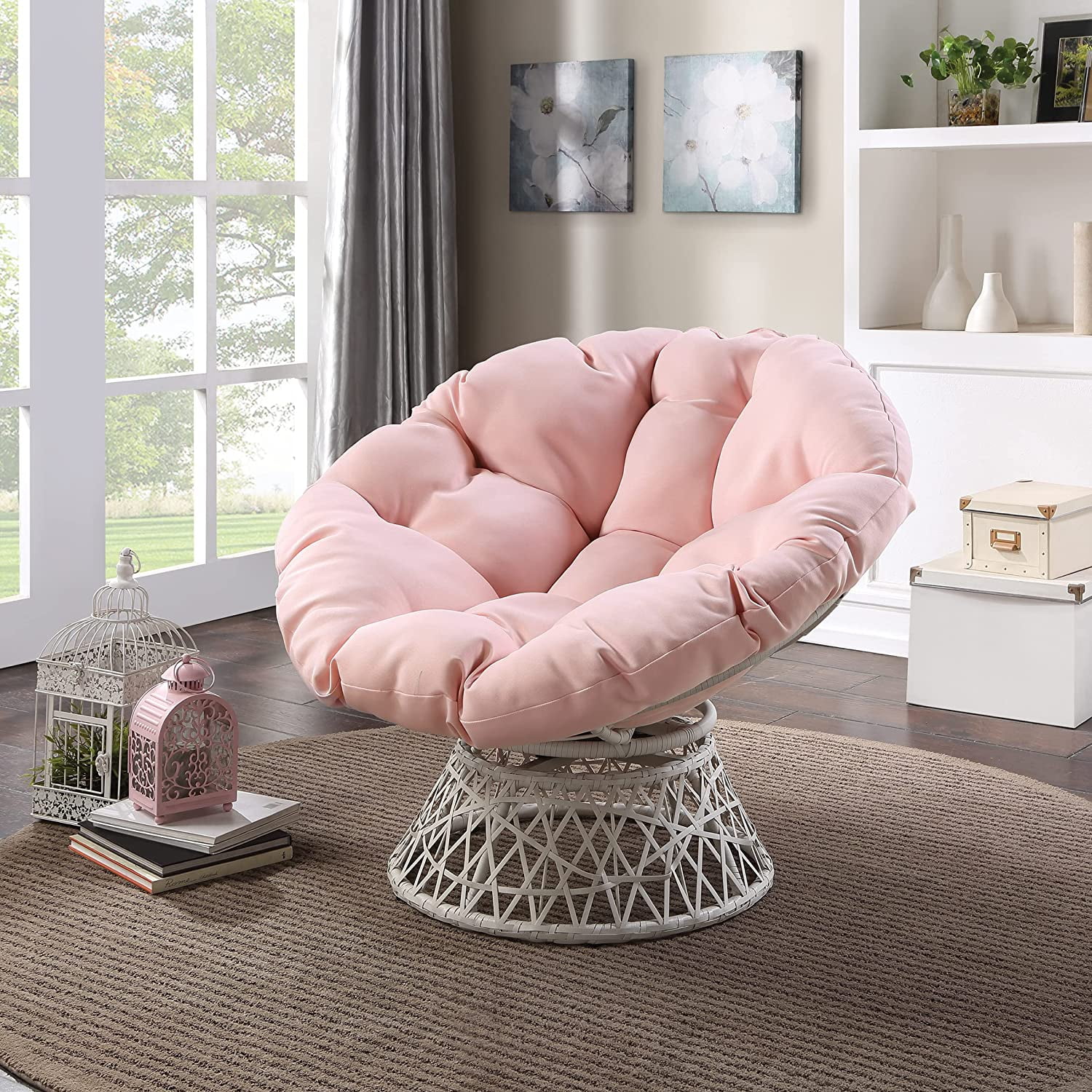HYUN Wicker Papasan Chair with 360-Degree Swivel, Cream Frame with Pink Cushion