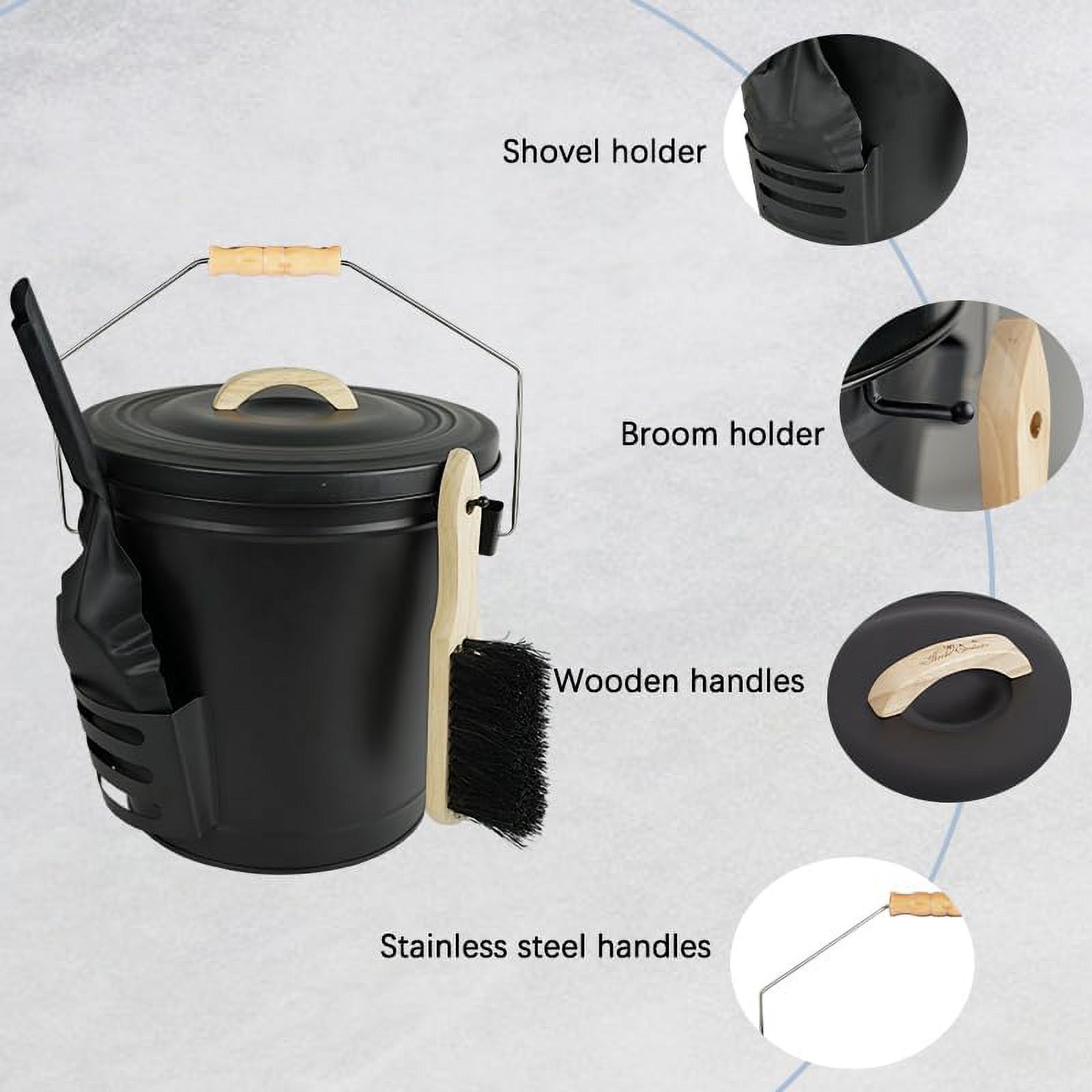 Ash Bucket With Lid And Shovel, Hand Broom And Gloves, 5.2 Gallon Large Metal Ash Bucket For Fireplace Tools Set, Fire Pits, Wood Burning Stoves, Indoor And Outdoor, Camping, Grill, Black