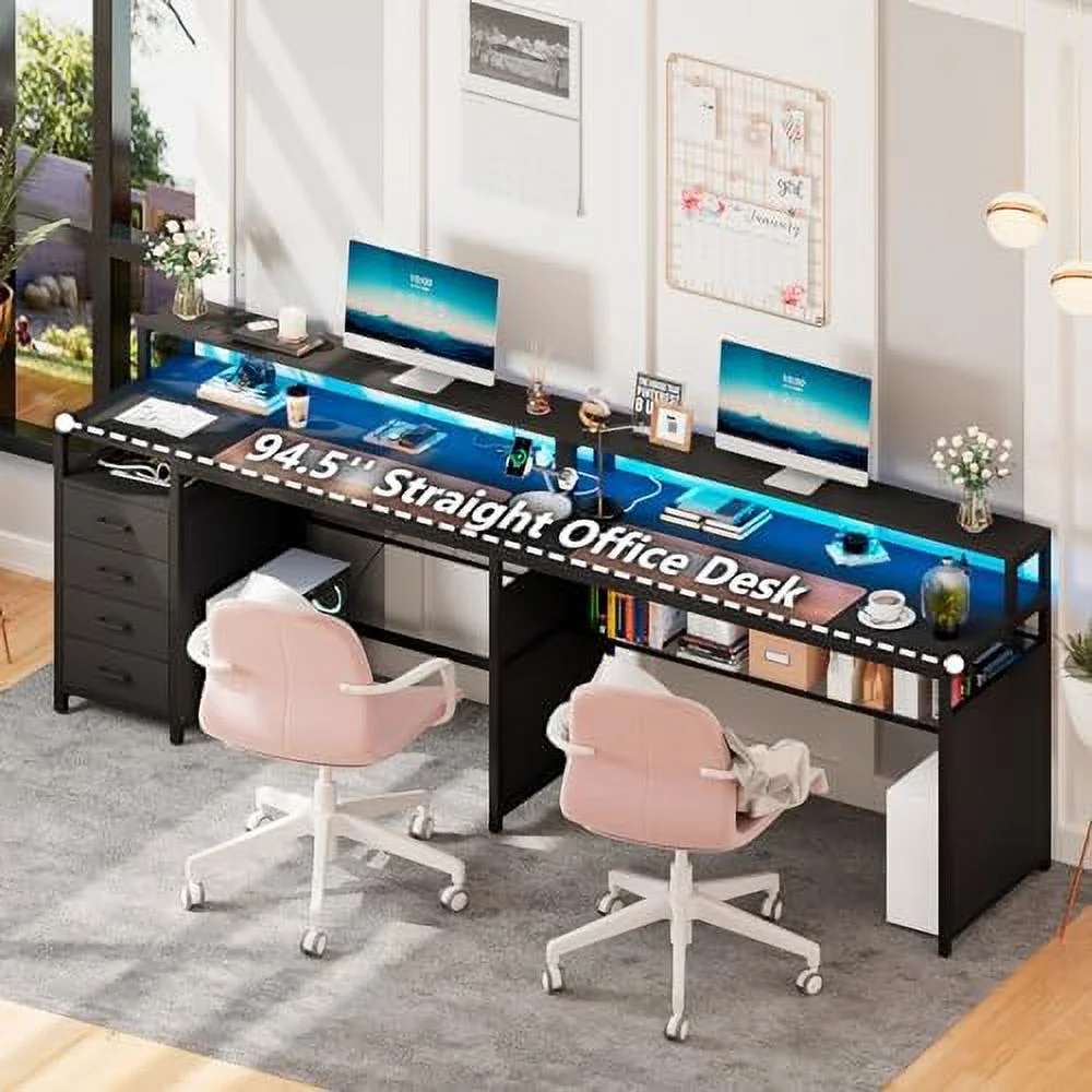 ZFGSUIJN L Shaped Desk with LED Lights & Power Outlets  Reversible Home Office Desk with Drawers & Bookshelf  Gaming Desk with Full Size Monitor Stand  Study Writing Desk Workstat