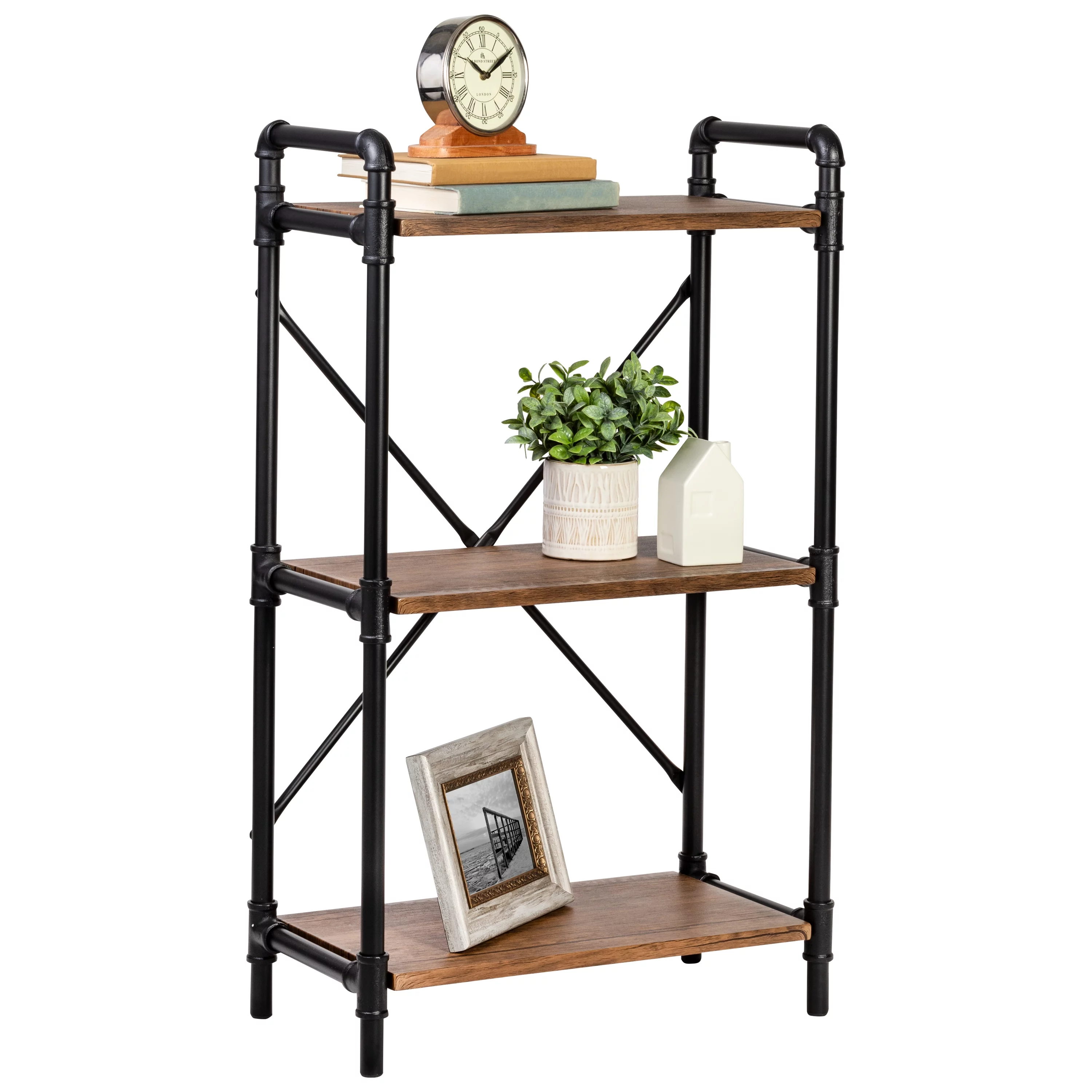 Honey-Can-Do Steel and Wood 3-Shelves Bookcase, Black/Rustic Brown