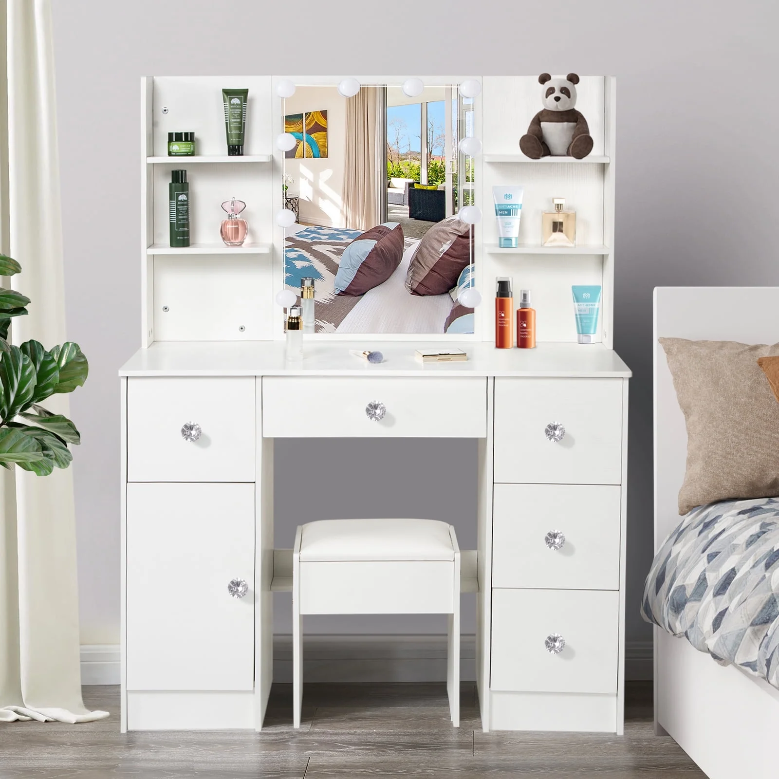 Jarbalai Makeup Vanity Table with 10 Led Lights, Lighted Mirror Vanity Desk, Modern Bedroom Dressing Vanity, White