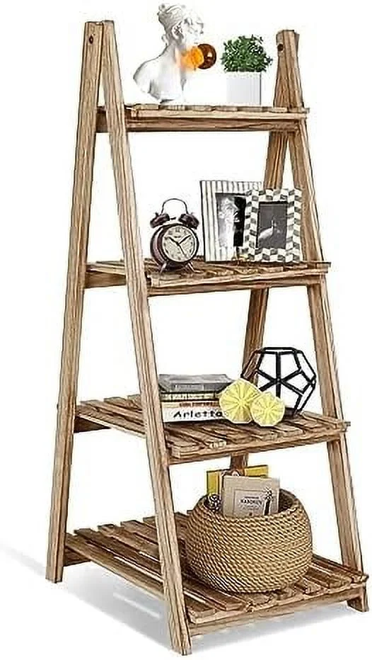 GVJMTKP Ladder   4-Tier Wooden Plant Shelves  Rustic Flower Display Rack  Freestanding  Rack  Indoor Flowerpot Stand Ladder Bookshelf  Room  Office  Bedroom  Balcony (Brown)