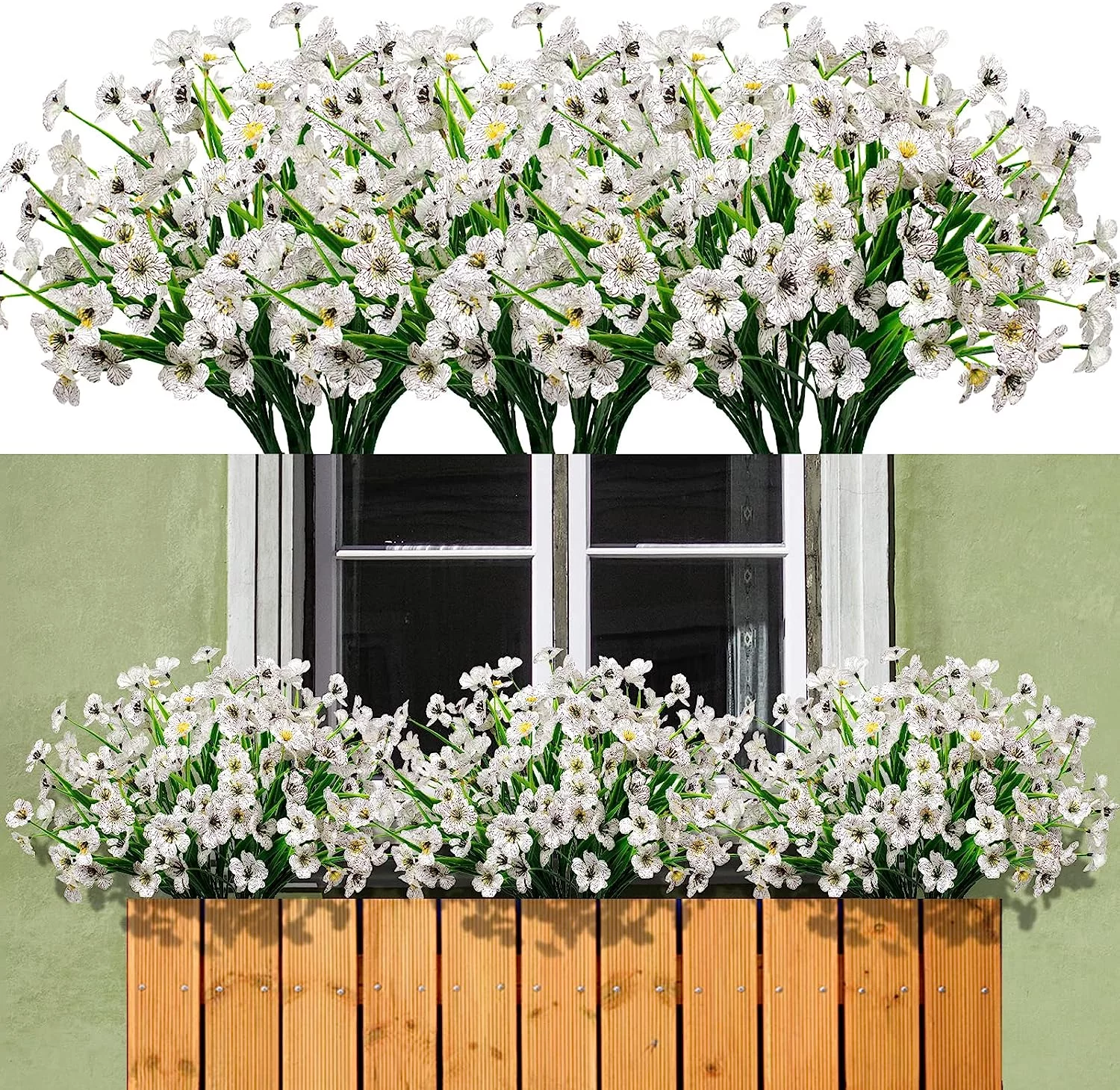 Zukuco 12PCS Artificial Flowers Outdoor UV Resistant Fake Silk Plants Plastic Faux Shrubs Outside Front Porch Window Box Garden Home Hanging Planter Decor (White)
