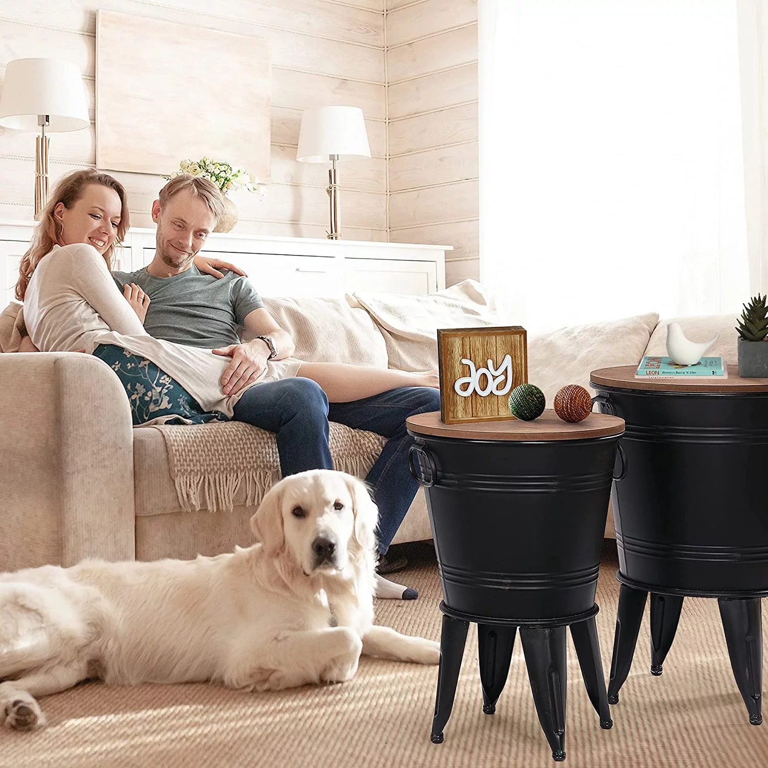 Farmhouse Accent Side Table, Rustic Antique Galvanized End Coffee or Cocktail Table, Storage Metal Bin with Round Wood Lid Set of 2, Black