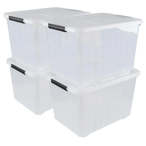Wekioger 70 Quart Plastic Box Bins with Wheels, Latching Storage Containers, 4 Packs