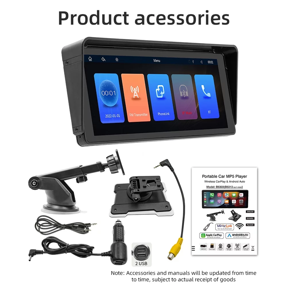 9.3 Inch Touchscreen Car Stereo BT MP5 Player Built-in Carplay Android Auto Support /AUX Output/Mirror Phone Link/Reverse Image U-Disk/TF Card with 2 Adjustable Bracket