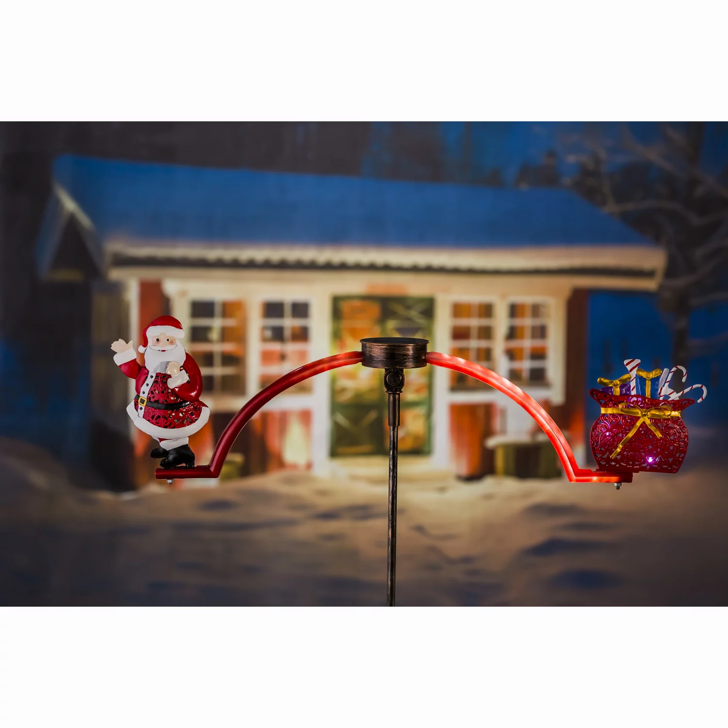 Evergreen Chasing White Light Solar Balancer Garden Stake, Santa and Presents, 27''x 3.2'' x 34.7'' inches