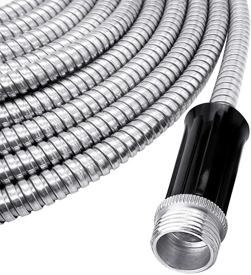 50FT 304 Stainless Steel Metal Garden Water Hose Flexible Patio Home with 6 Spray Nozzle Patterns
