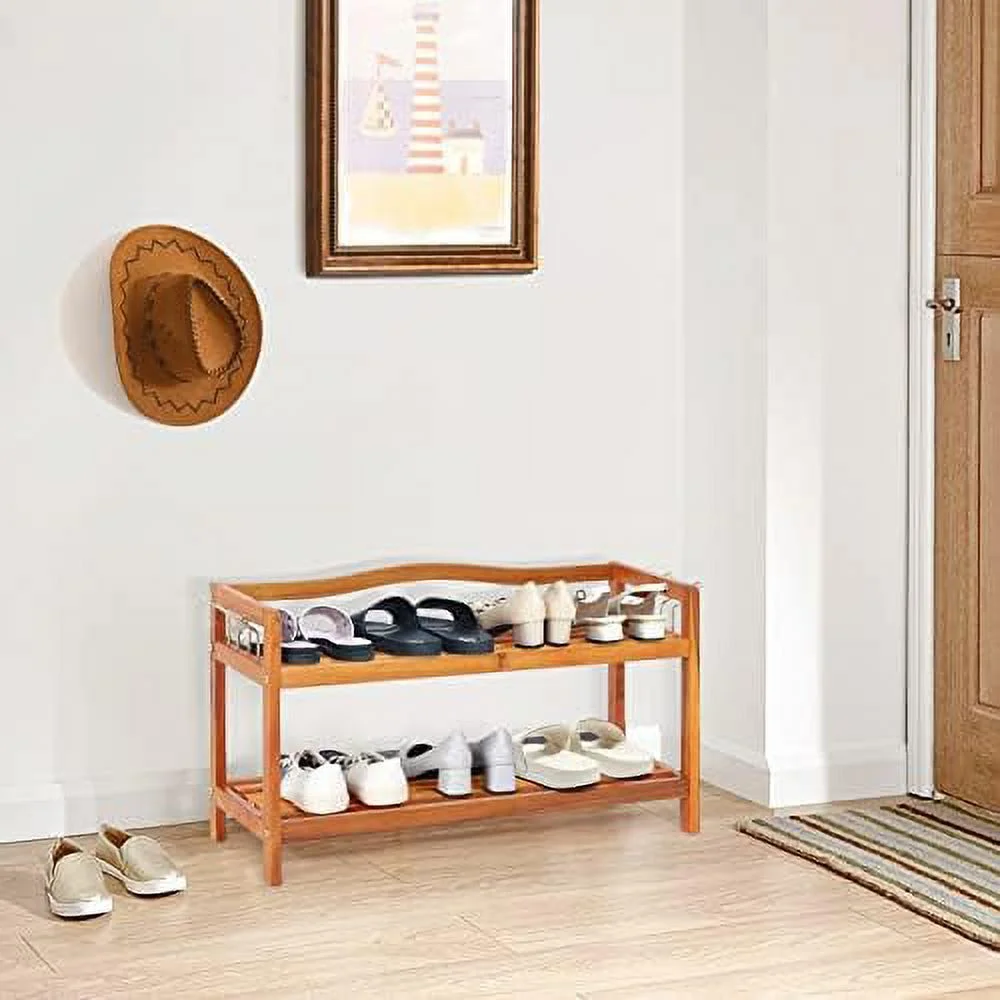 YPADLBC 5-Tier Shoe Rack  Acacia Wood Shoe  with Side Metal Hooks  Holds up 12-18 Pairs  Shoe Organizer  Shoe   Wooden Shoe Rack for Entryway  25\u2019\u2019Lx10.5\u2019\u2019Wx32.5\u2019