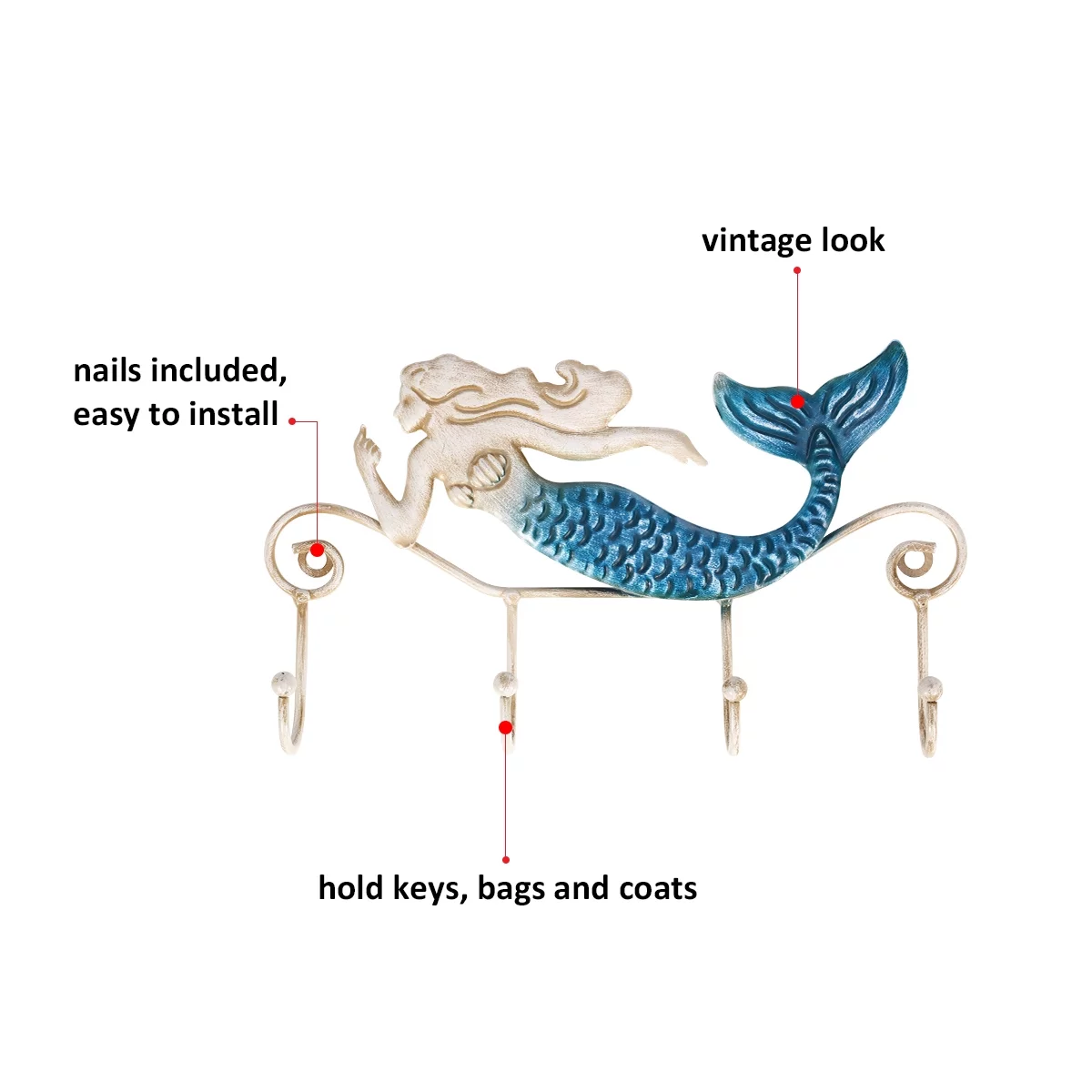 Tooarts Iron Mermaid Wall Hanger Iron Wall Hook 4 Hooks for Coats Towels Bags Wall Mount Clothes Holder Screws Included