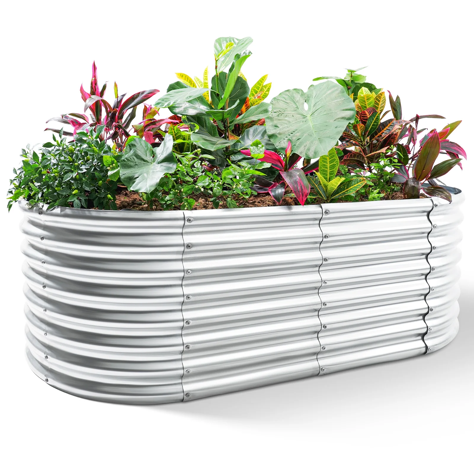 Land Guard 6x3x2ft Galvanized Metal Raised  Garden Bed，Oval Planter Box Outdoor - Starlight Silver