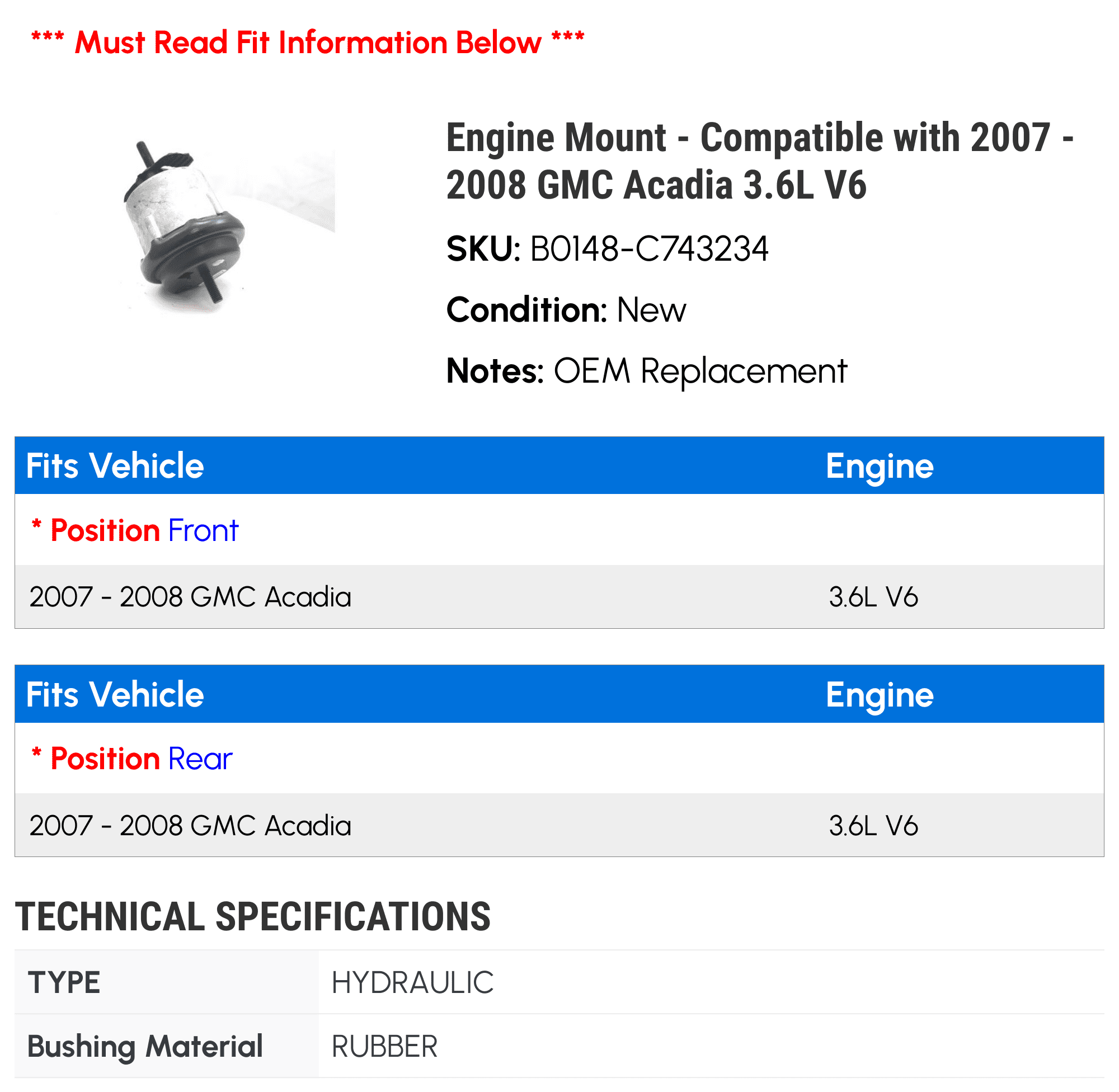 Engine Mount - Compatible with 2007 - 2008 GMC Acadia 3.6L V6